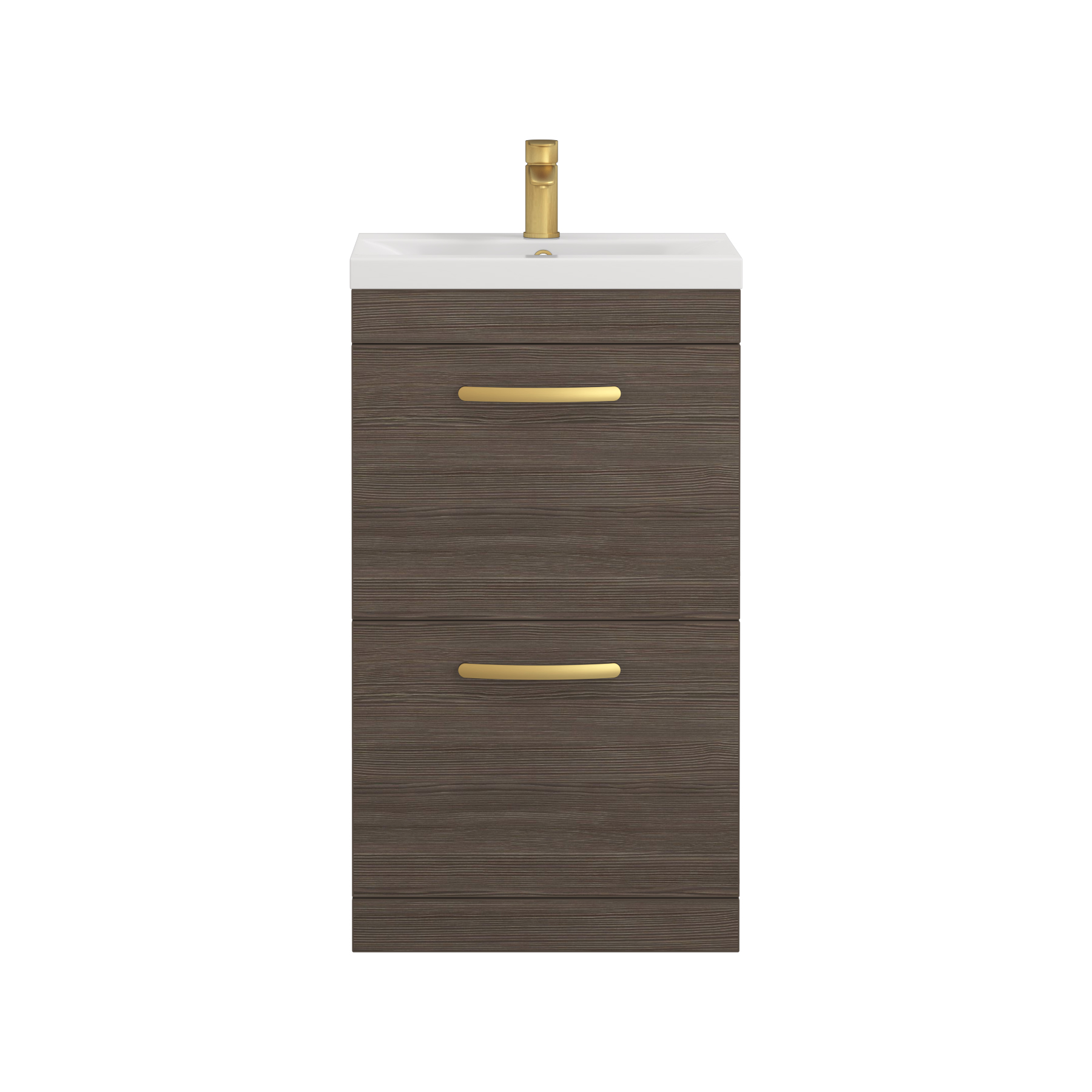 Turin 500mm Floor Standing Vanity Unit Grey Elm 2 Drawer Mid-Edge Basin Unit with Brushed Brass Handle