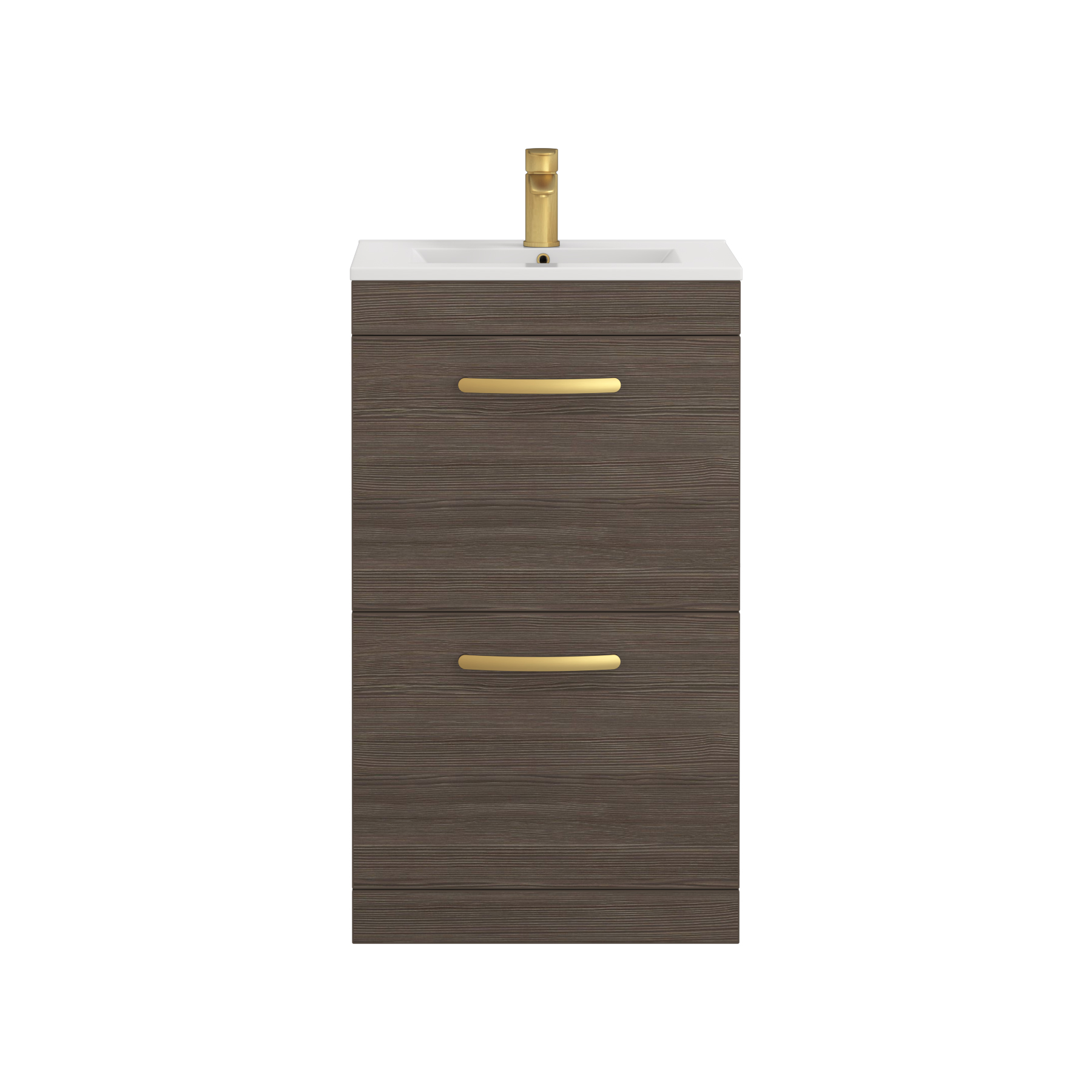 Turin 500mm Floor Standing Vanity Unit Grey Elm 2 Drawer Minimalist Basin Unit with Brushed Brass Handle