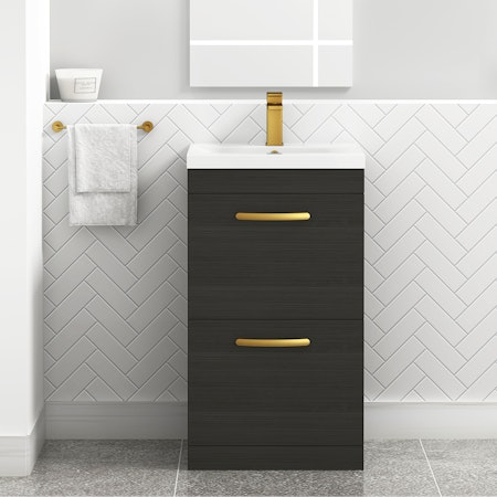 Turin 500mm Floor Standing Vanity Unit Hale Black 2 Drawer Mid-Edge Basin Unit with Brushed Brass Handle