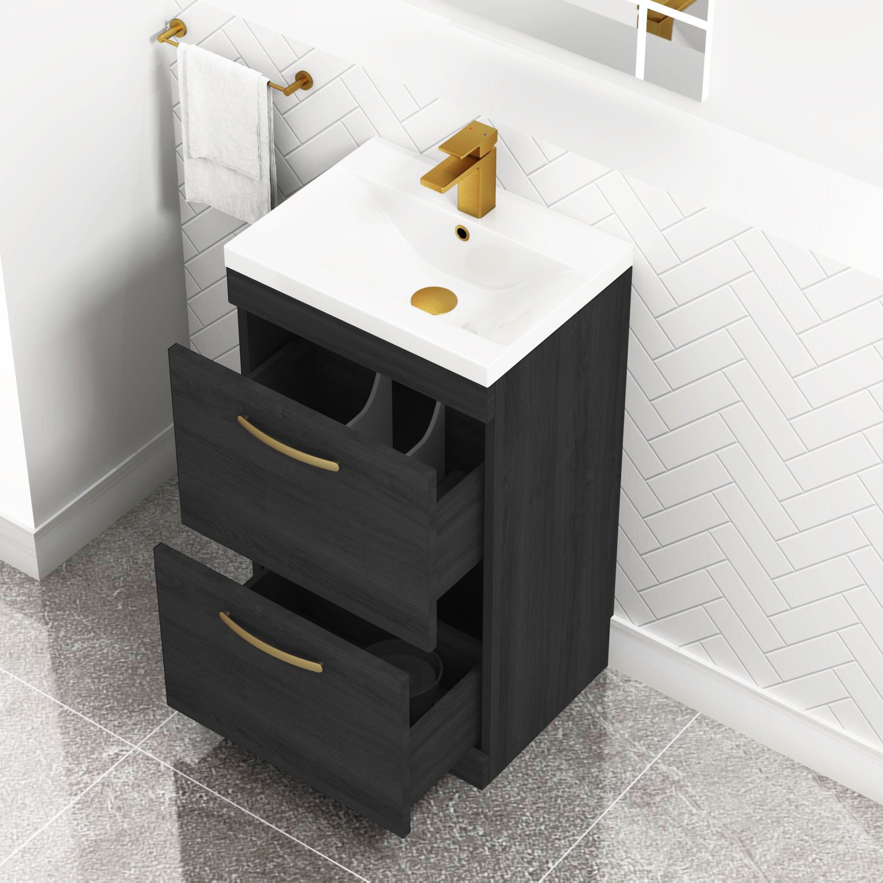 Turin 500mm Floor Standing Vanity Unit Hale Black 2 Drawer Mid-Edge Basin Unit with Brushed Brass Handle