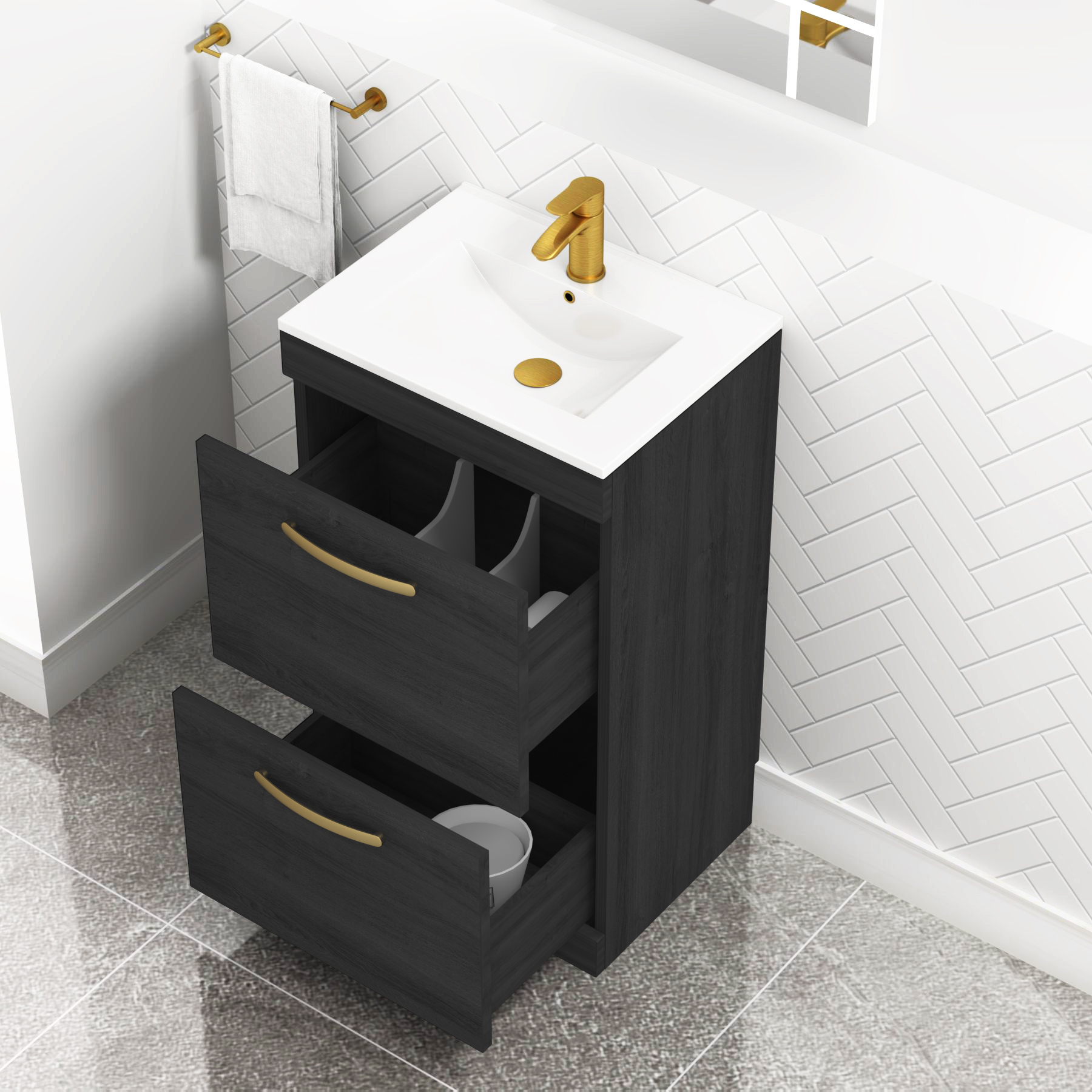Turin 500mm Floor Standing Vanity Unit Hale Black 2 Drawer Minimalist Basin Unit with Brushed Brass Handle