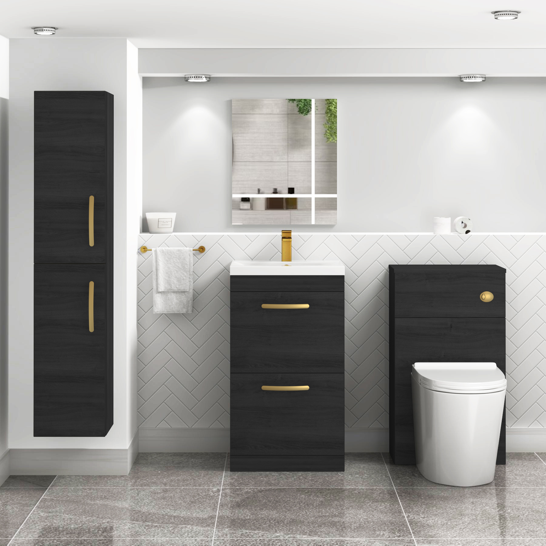 Turin 500mm Floor Standing Vanity Unit Hale Black 2 Drawer Mid-Edge Basin Unit with Brushed Brass Handle