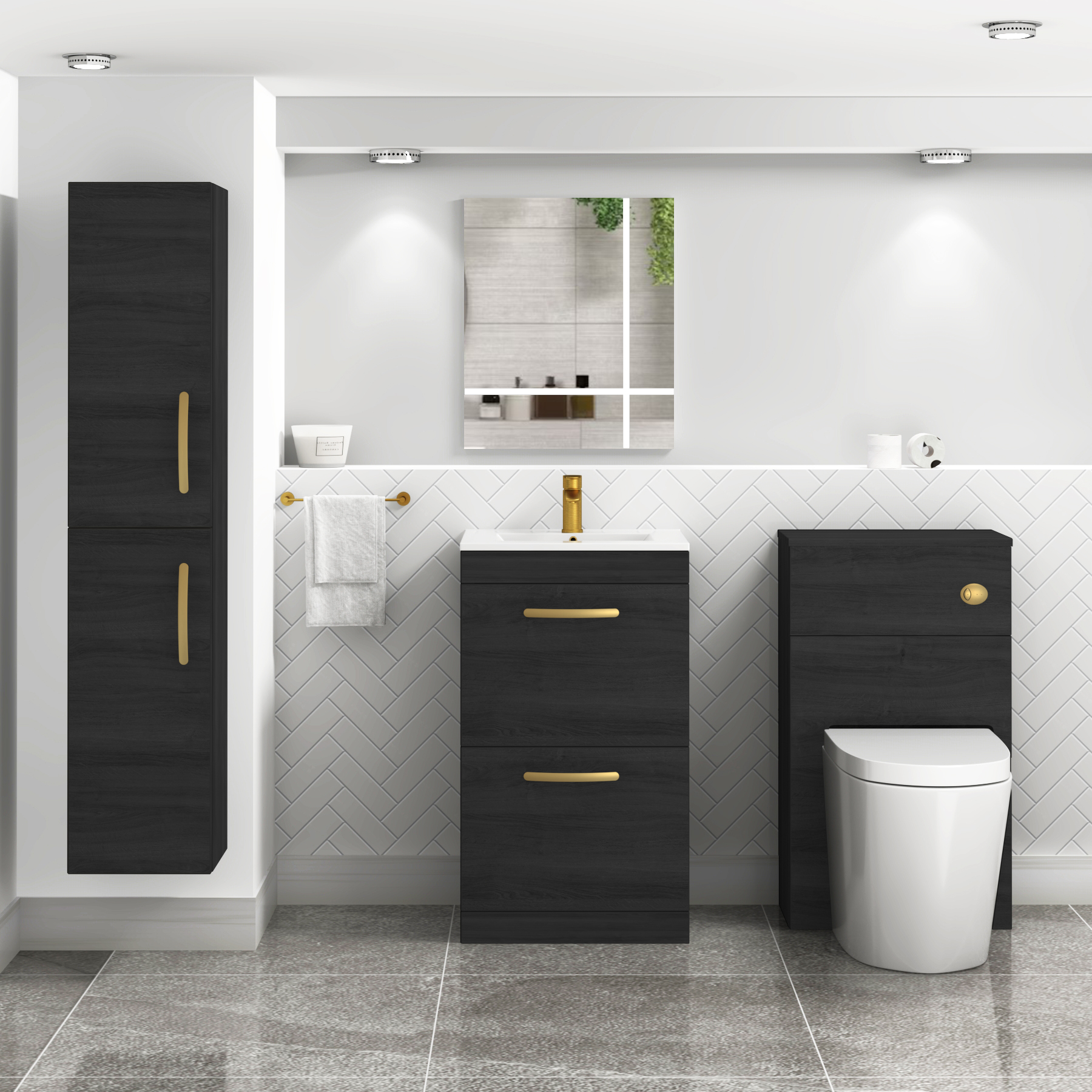 Turin 500mm Floor Standing Vanity Unit Hale Black 2 Drawer Minimalist Basin Unit with Brushed Brass Handle