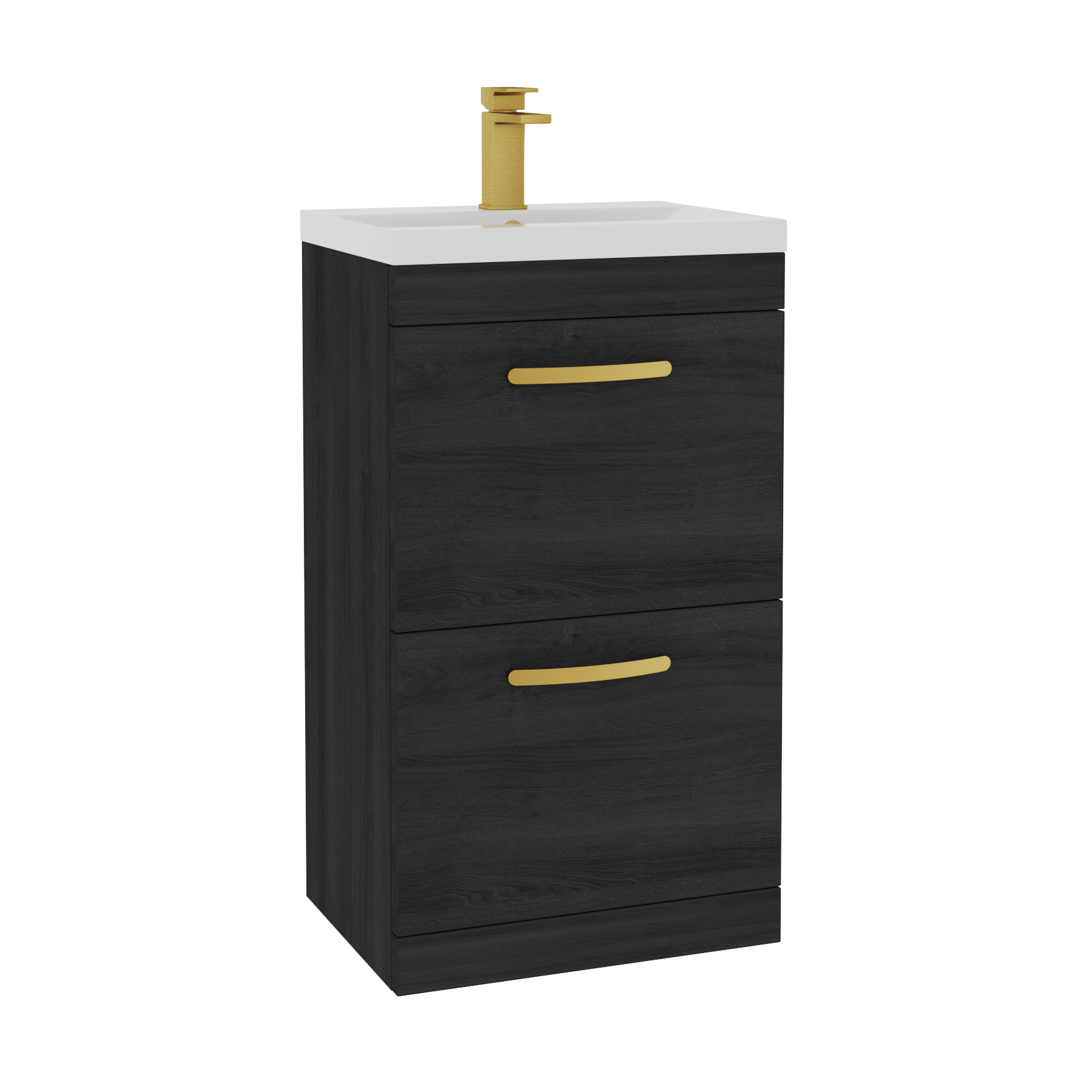 Turin 500mm Floor Standing Vanity Unit Hale Black 2 Drawer Mid-Edge Basin Unit with Brushed Brass Handle
