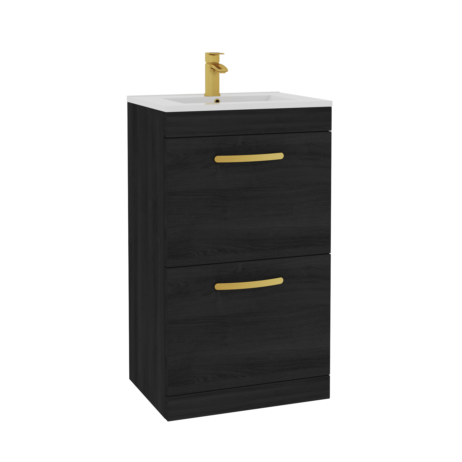 Turin 500mm Floor Standing Vanity Unit Hale Black 2 Drawer Minimalist Basin Unit with Brushed Brass Handle