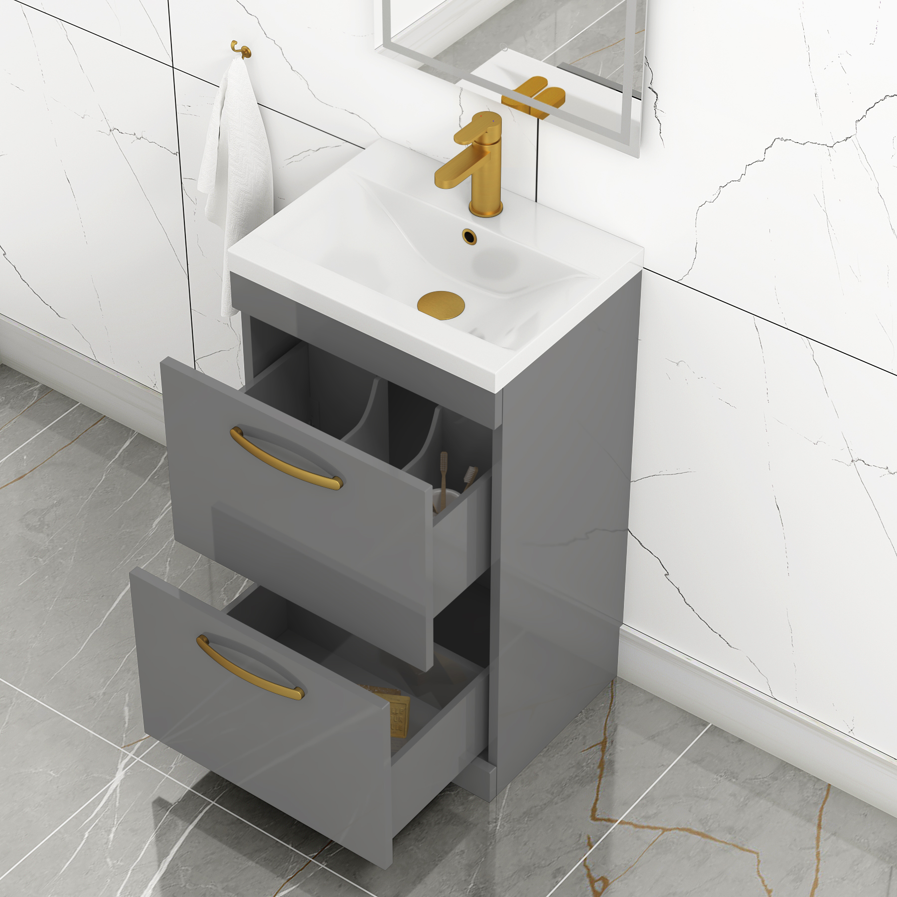 Turin 500mm Floor Standing Vanity Unit Indigo Grey Gloss 2 Drawer Mid-Edge Basin Unit with Brushed Brass Handle