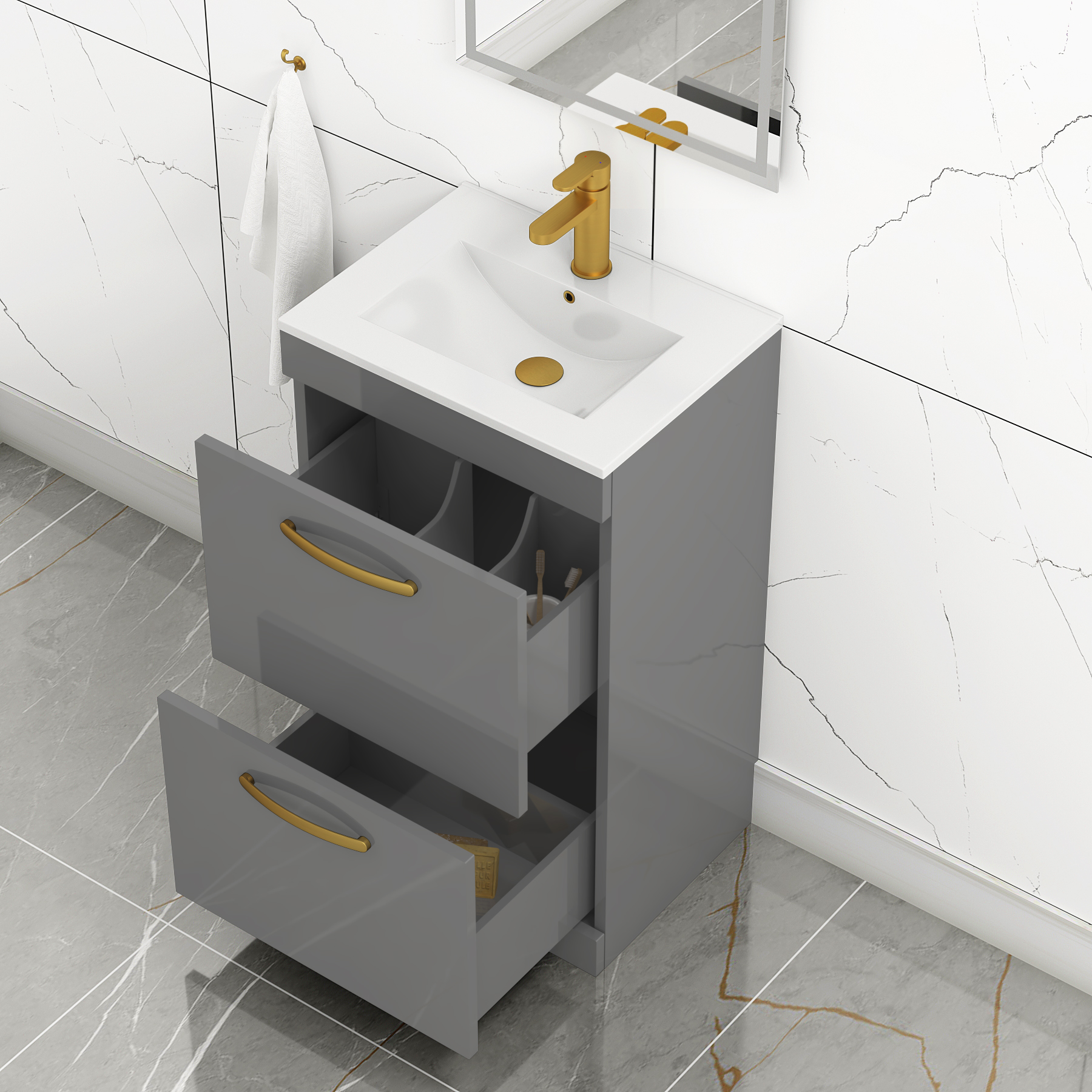 Turin 500mm Floor Standing Vanity Unit Indigo Grey Gloss 2 Drawer Minimalist Basin Unit with Brushed Brass Handle