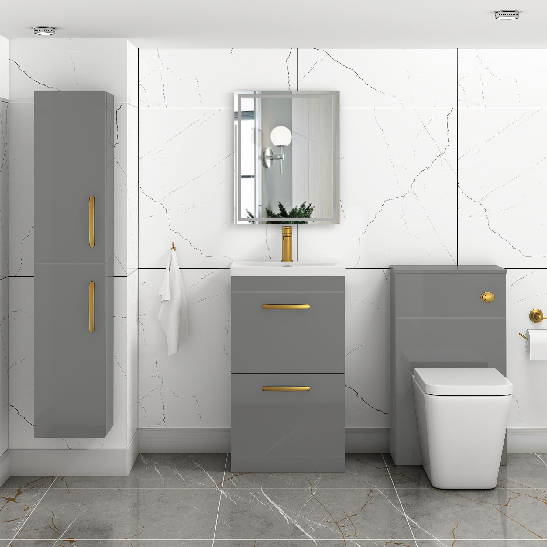 Turin 500mm Floor Standing Vanity Unit Indigo Grey Gloss 2 Drawer Mid-Edge Basin Unit with Brushed Brass Handle