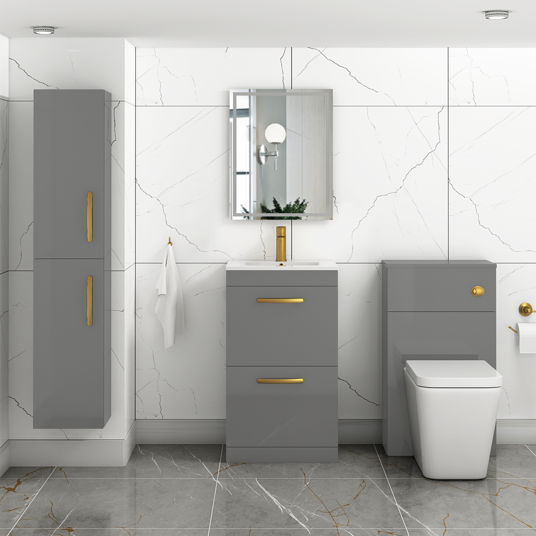 Turin 500mm Floor Standing Vanity Unit Indigo Grey Gloss 2 Drawer Minimalist Basin Unit with Brushed Brass Handle