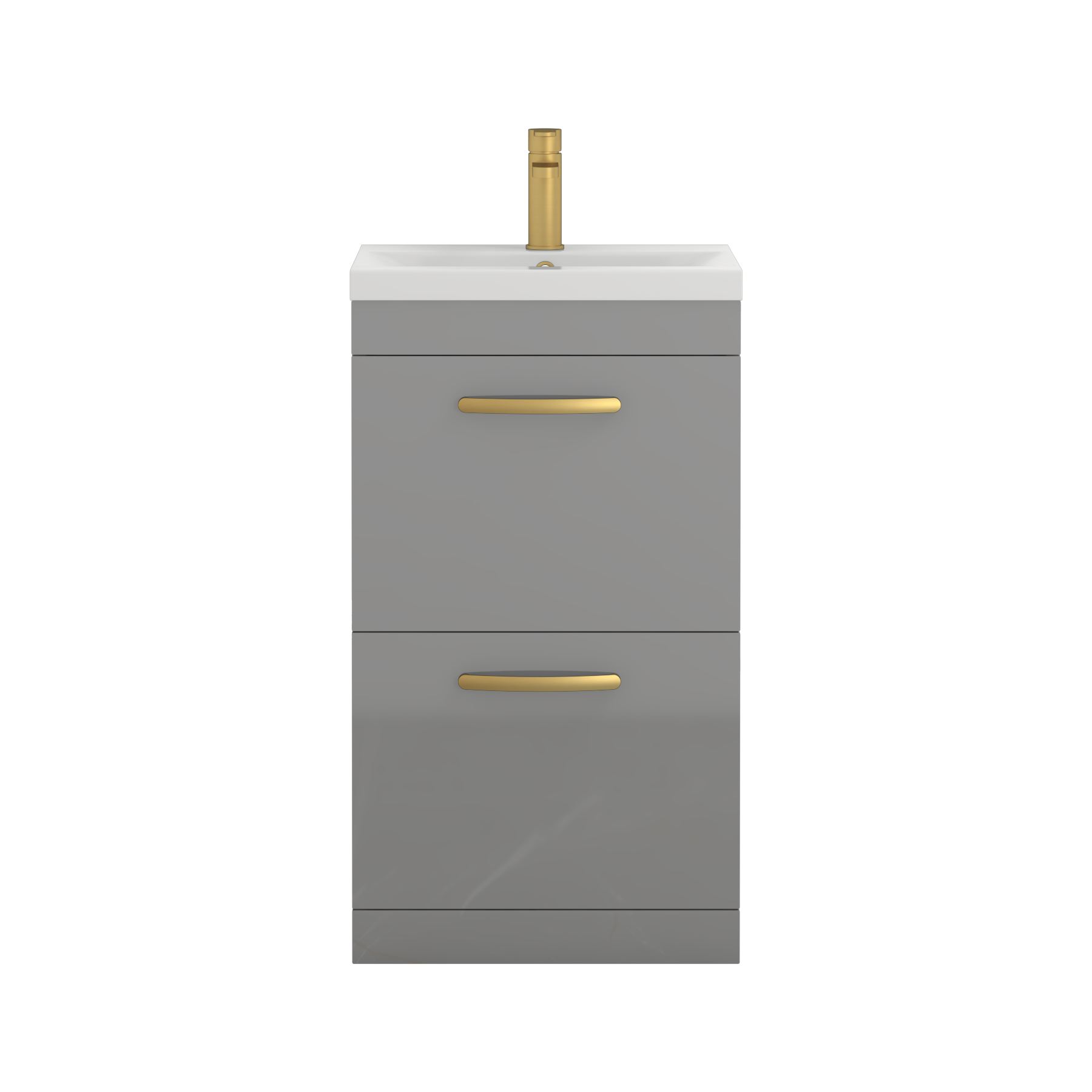Turin 500mm Floor Standing Vanity Unit Indigo Grey Gloss 2 Drawer Mid-Edge Basin Unit with Brushed Brass Handle