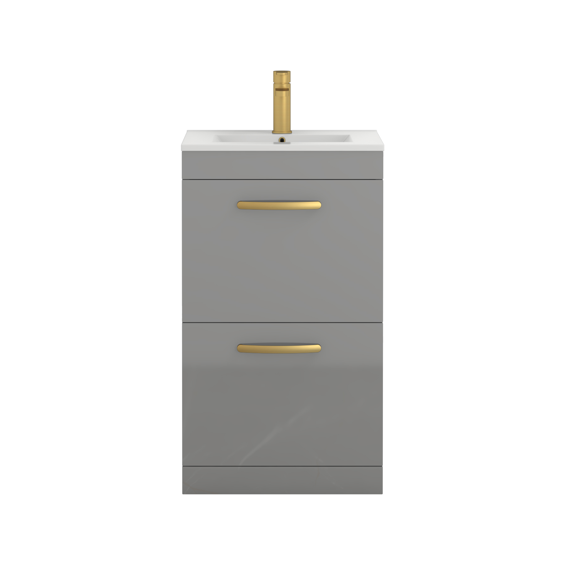 Turin 500mm Floor Standing Vanity Unit Indigo Grey Gloss 2 Drawer Minimalist Basin Unit with Brushed Brass Handle