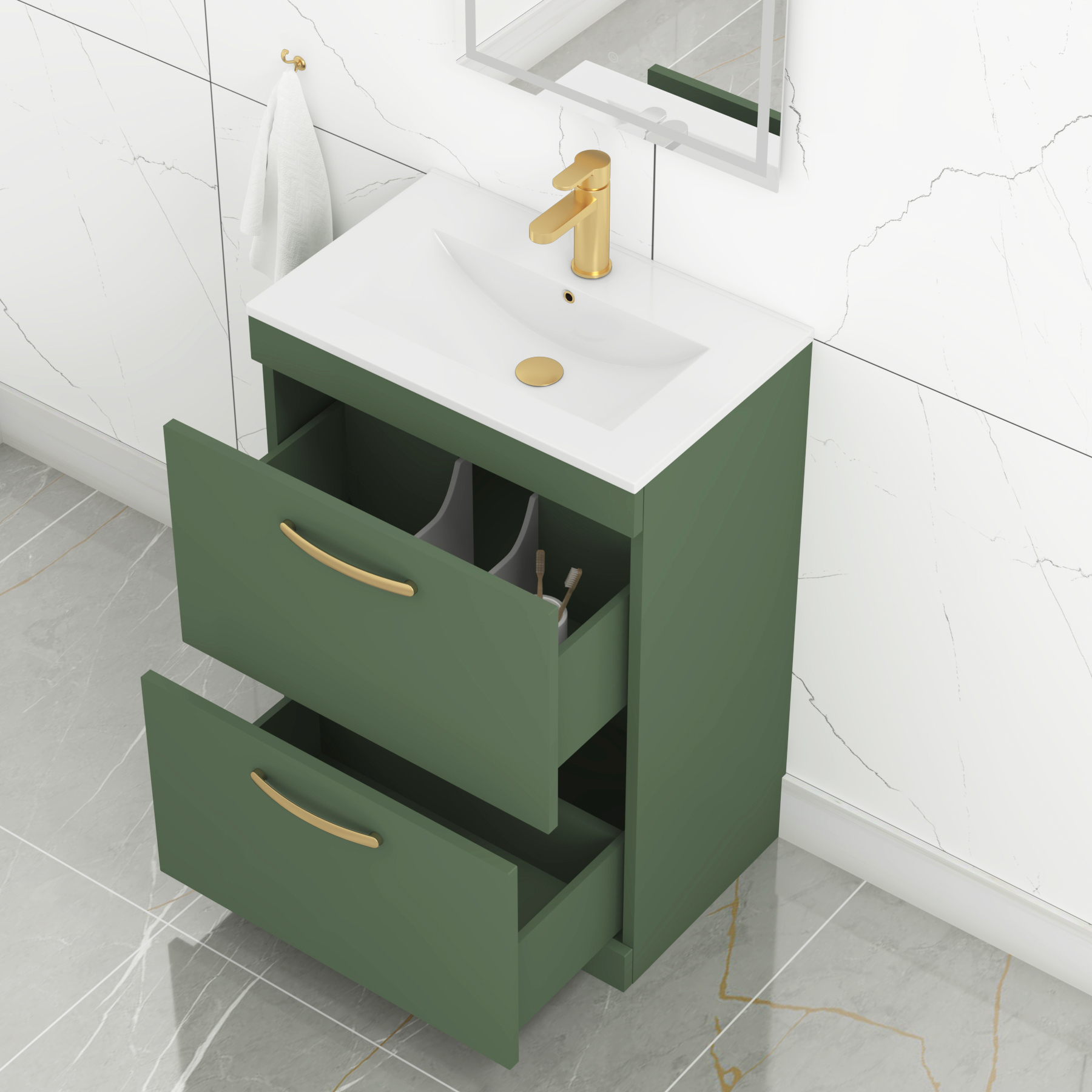 Turin 600mm Floor Standing Vanity Unit Matt Green 2 Drawer Minimalist Basin with Brushed Brass Handles