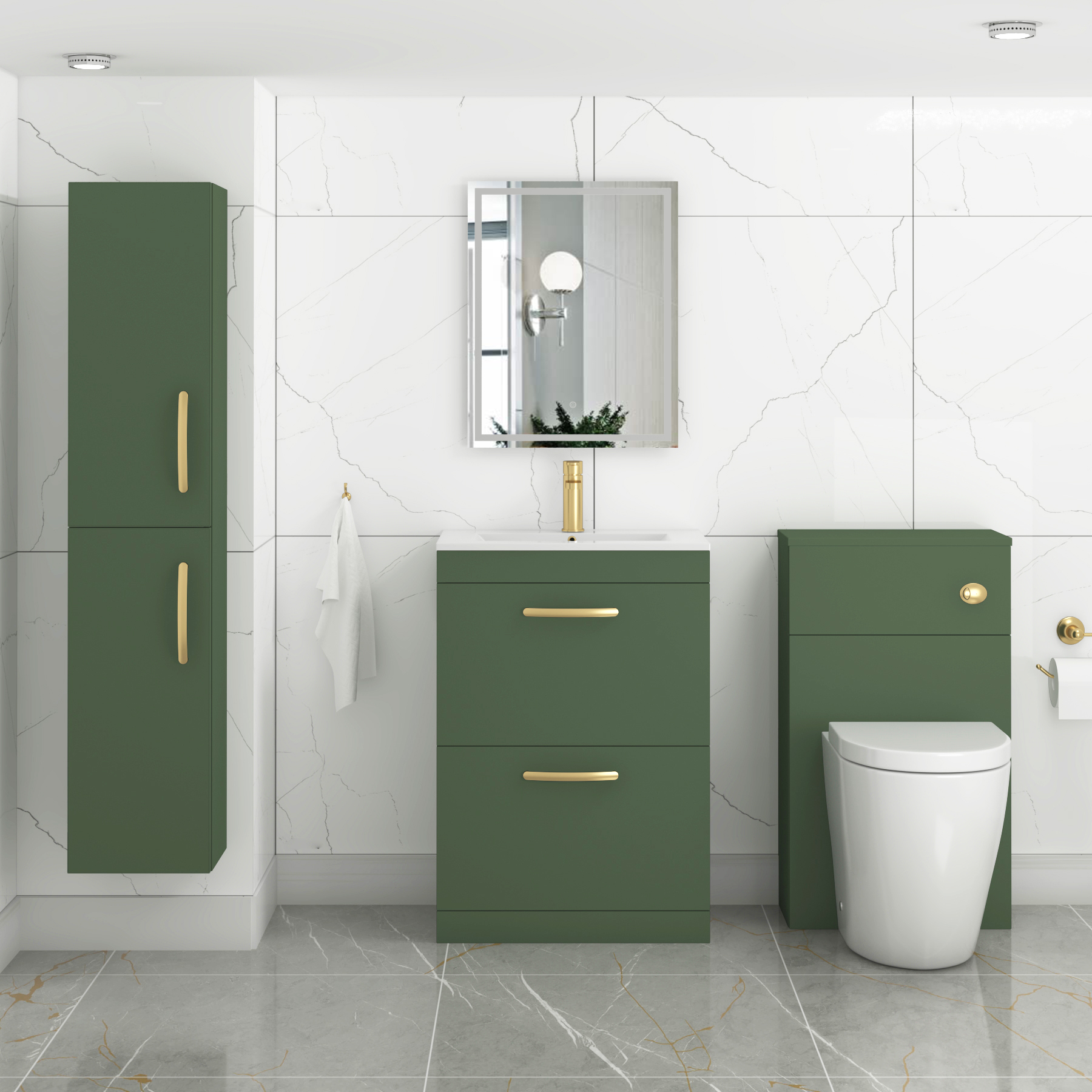 Turin 600mm Floor Standing Vanity Unit Matt Green 2 Drawer Minimalist Basin with Brushed Brass Handles