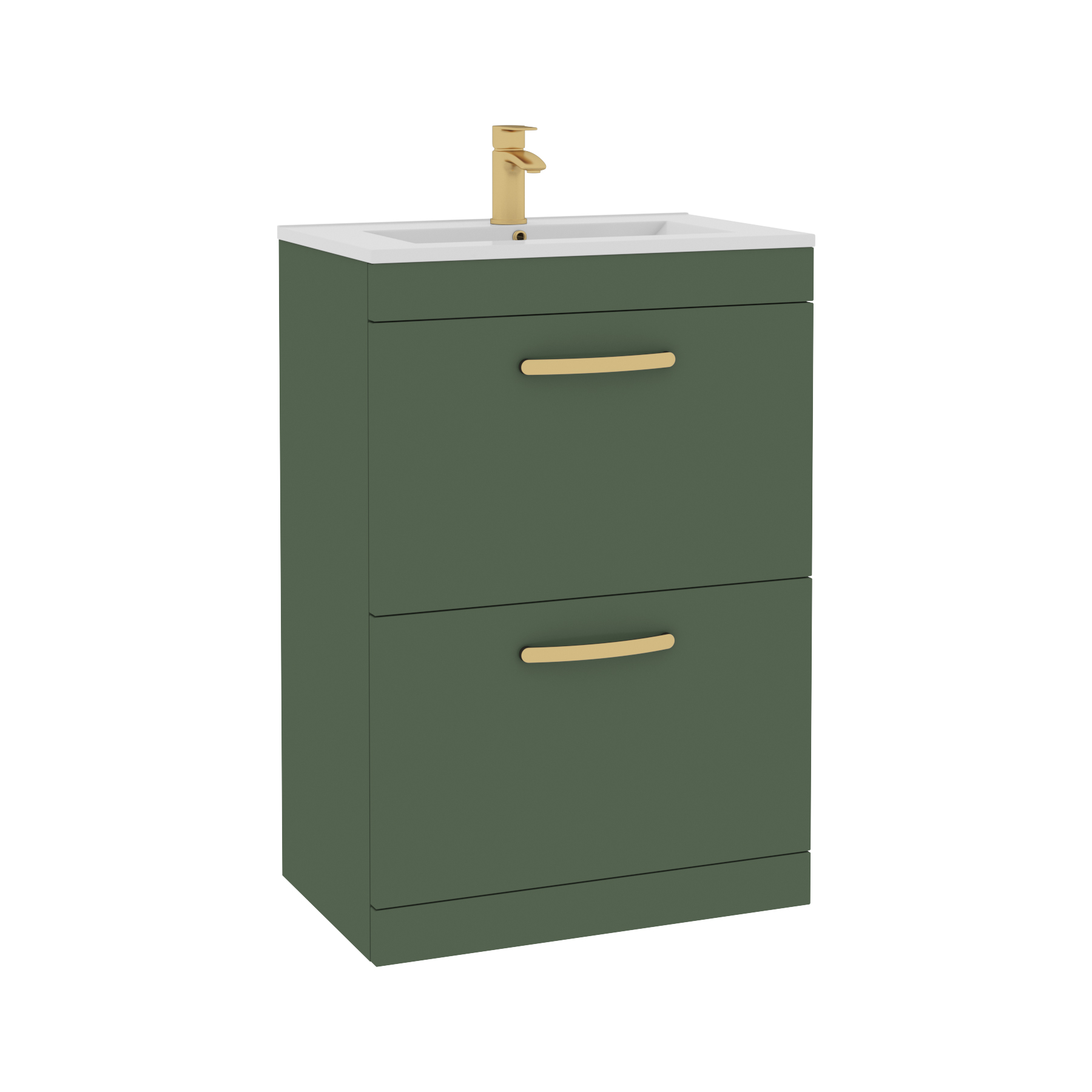 Turin 600mm Floor Standing Vanity Unit Matt Green 2 Drawer Minimalist Basin with Brushed Brass Handles