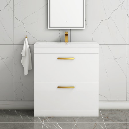 Turin 800mm Floor Standing Vanity Unit Gloss White 2 Drawer Mid-Edge Basin Unit with Brushed Brass Handle