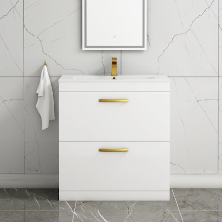 Turin 800mm Floor Standing Vanity Unit Gloss White 2 Drawer Minimalist Basin Unit with Brushed Brass Handle