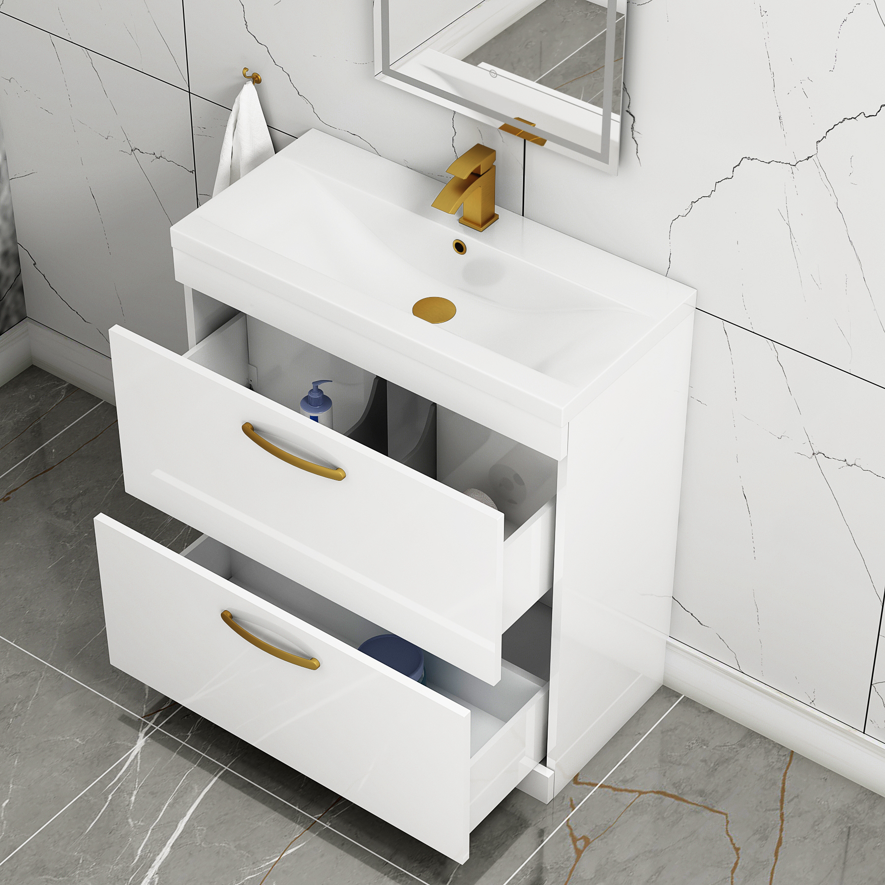 Turin 800mm Floor Standing Vanity Unit Gloss White 2 Drawer Mid-Edge Basin Unit with Brushed Brass Handle