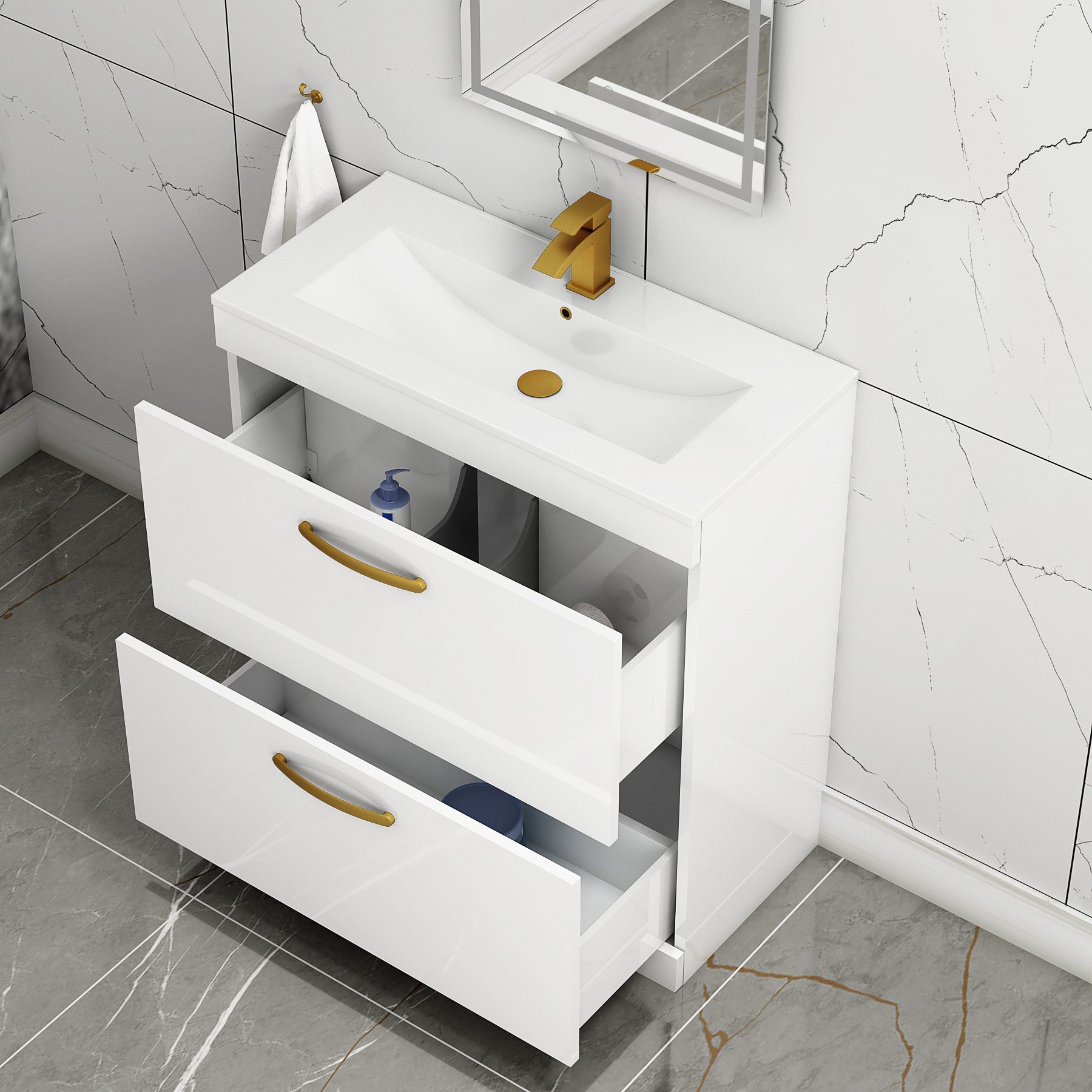 Turin 800mm Floor Standing Vanity Unit Gloss White 2 Drawer Minimalist Basin Unit with Brushed Brass Handle