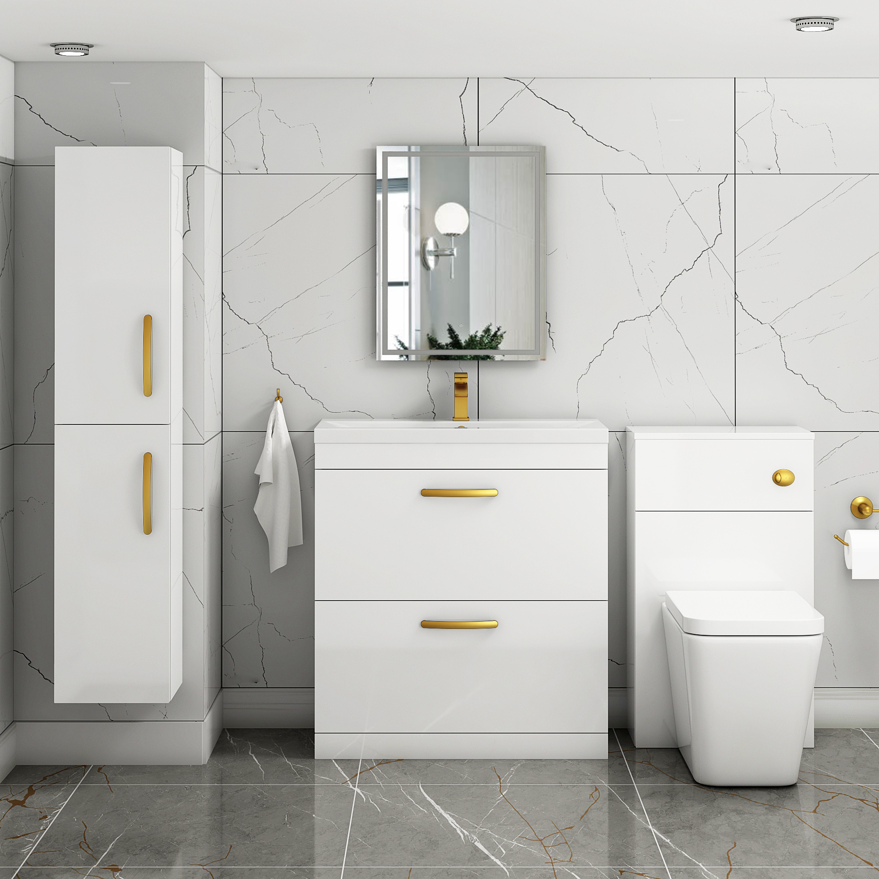 Turin 800mm Floor Standing Vanity Unit Gloss White 2 Drawer Mid-Edge Basin Unit with Brushed Brass Handle