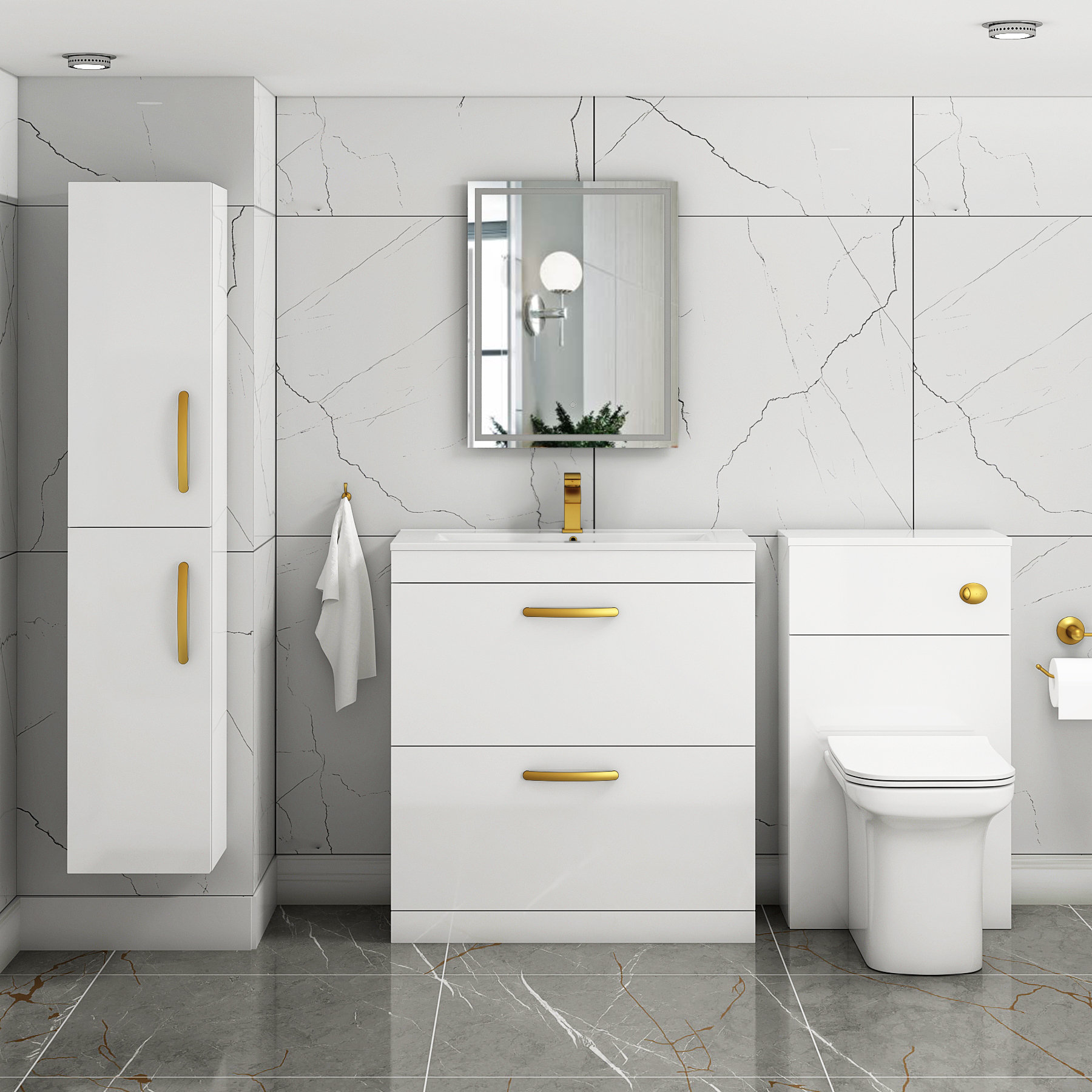 Turin 800mm Floor Standing Vanity Unit Gloss White 2 Drawer Minimalist Basin Unit with Brushed Brass Handle