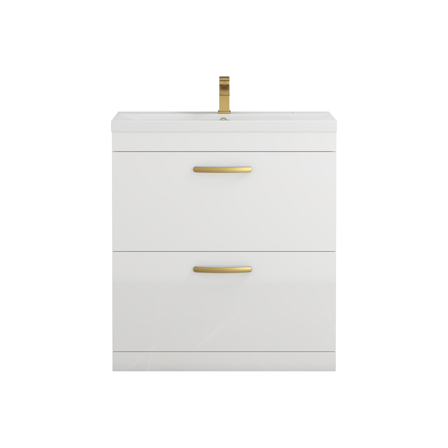 Turin 800mm Floor Standing Vanity Unit Gloss White 2 Drawer Mid-Edge Basin Unit with Brushed Brass Handle