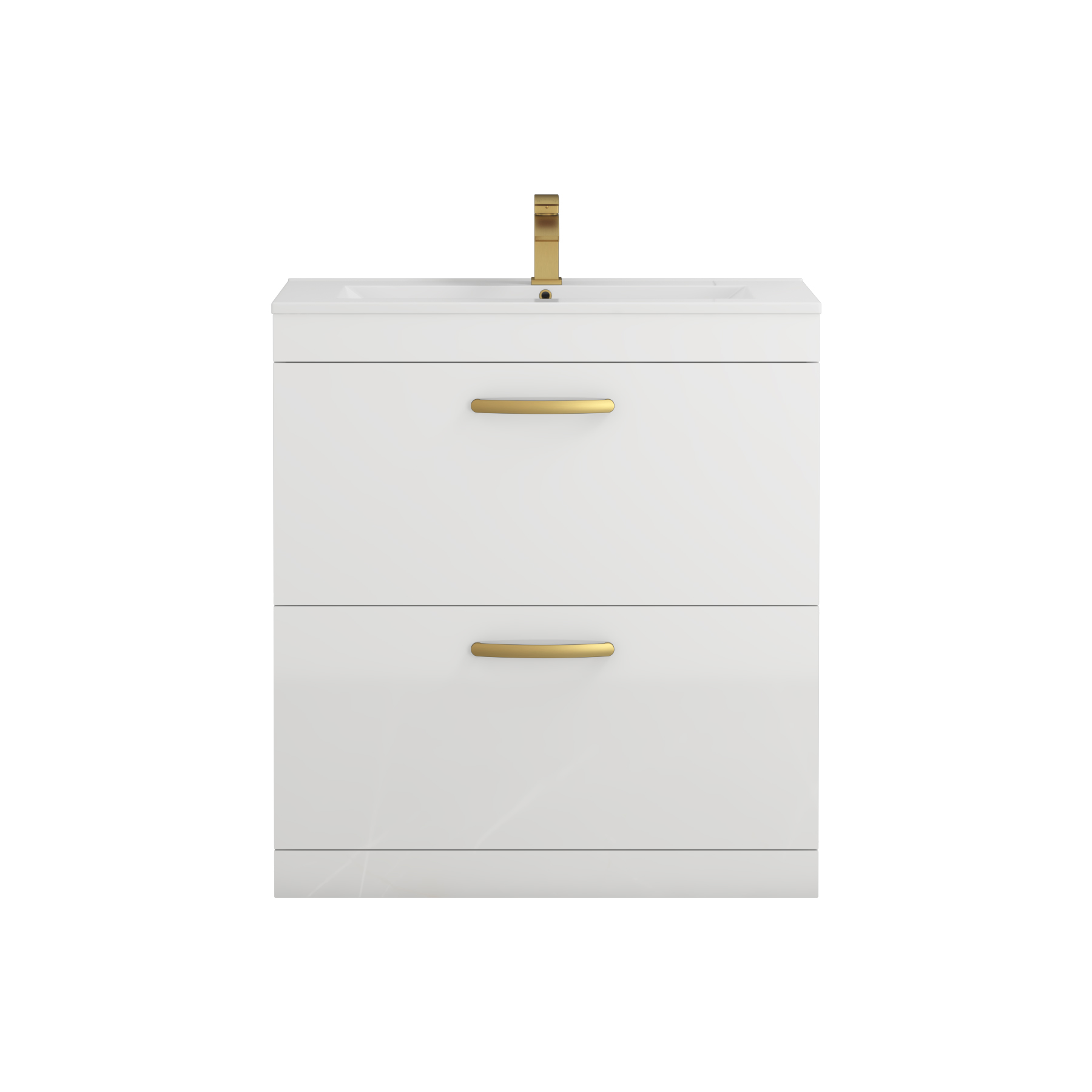 Turin 800mm Floor Standing Vanity Unit Gloss White 2 Drawer Minimalist Basin Unit with Brushed Brass Handle
