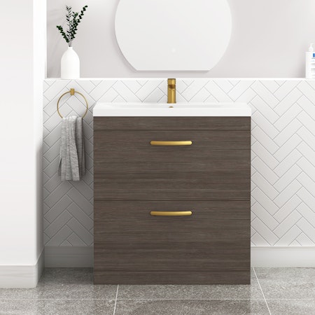 Turin 800mm Floor Standing Vanity Unit Grey Elm 2 Drawer Mid-Edge Basin Unit with Brushed Brass Handle