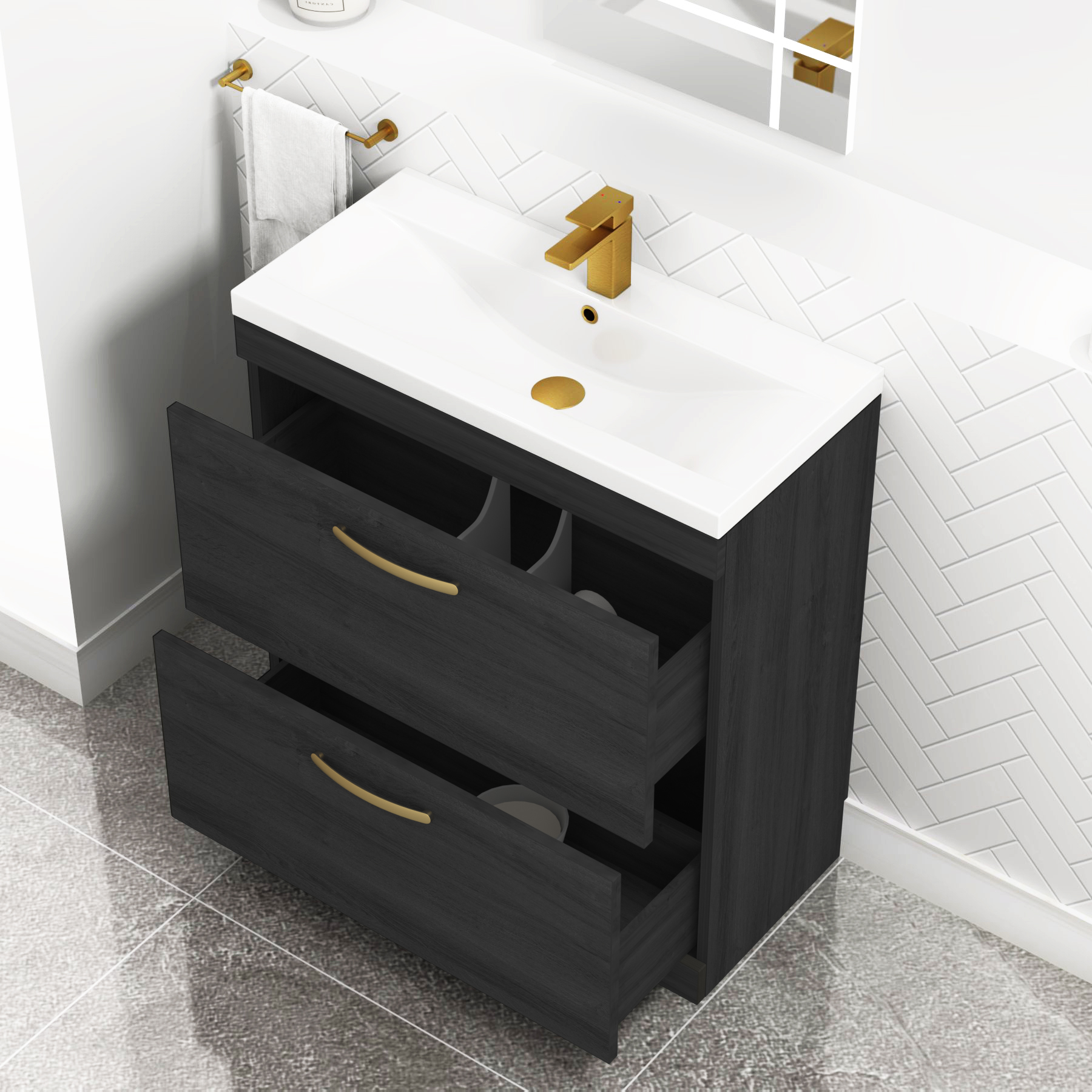 Turin 800mm Floor Standing Vanity Unit Hale Black 2 Drawer Mid-Edge Basin Unit with Brushed Brass Handle