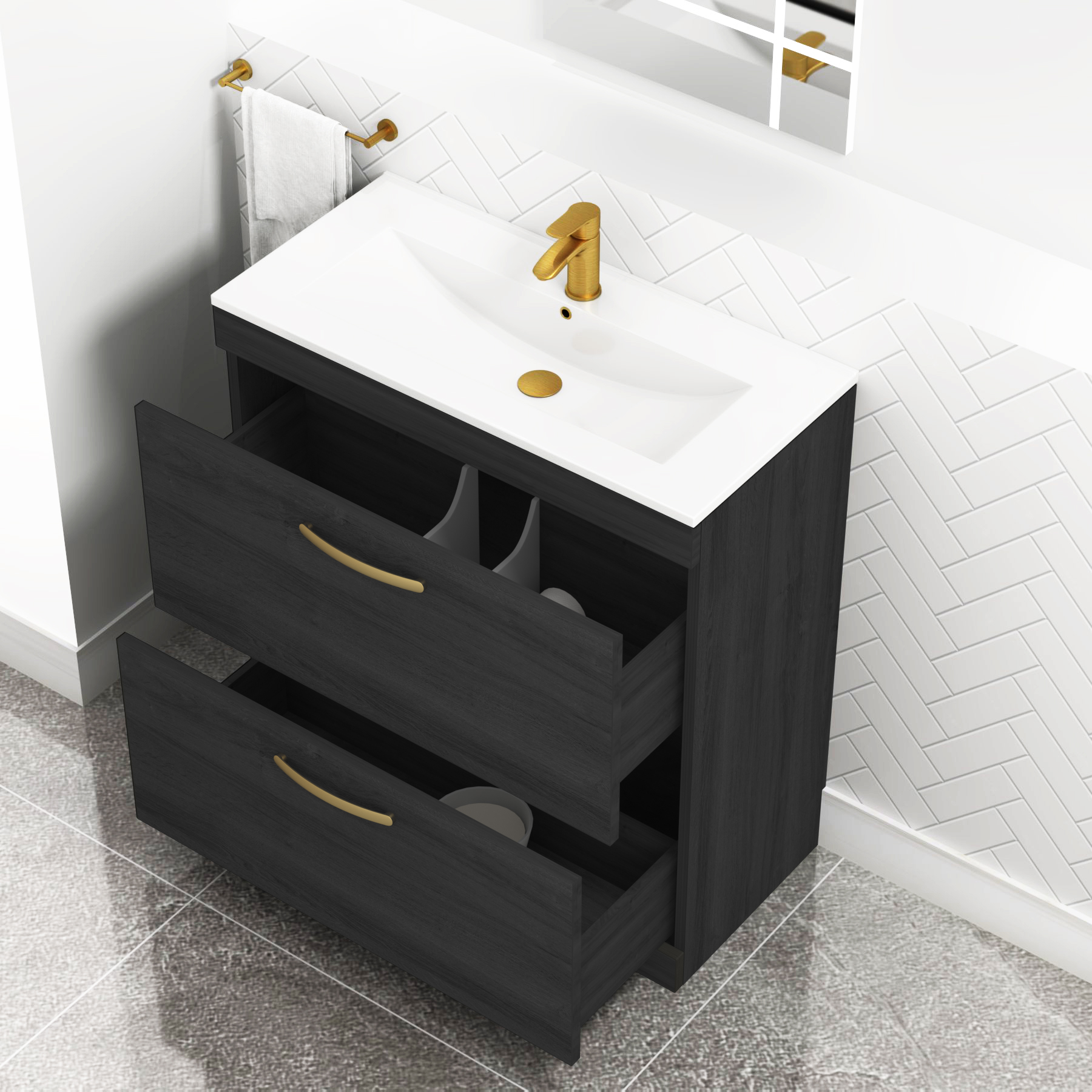 Turin 800mm Floor Standing Vanity Unit Hale Black 2 Drawer Minimalist Basin Unit with Brushed Brass Handle