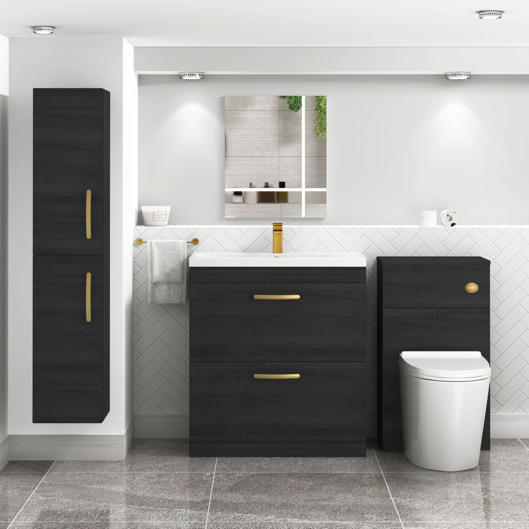 Turin 800mm Floor Standing Vanity Unit Hale Black 2 Drawer Mid-Edge Basin Unit with Brushed Brass Handle