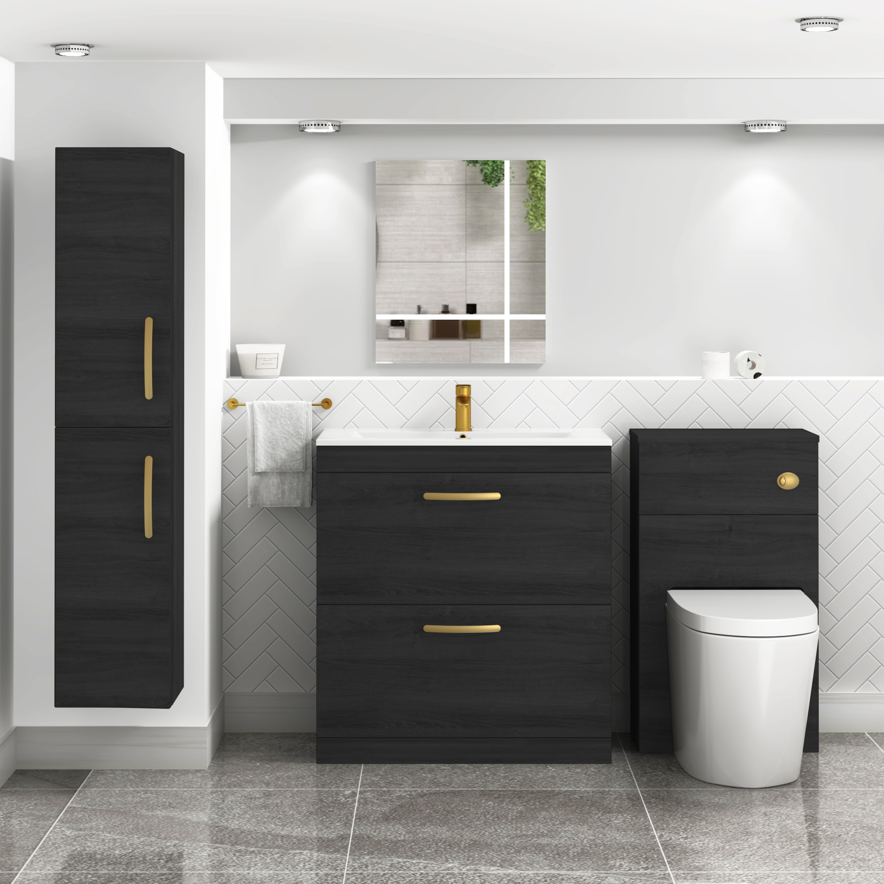 Turin 800mm Floor Standing Vanity Unit Hale Black 2 Drawer Minimalist Basin Unit with Brushed Brass Handle
