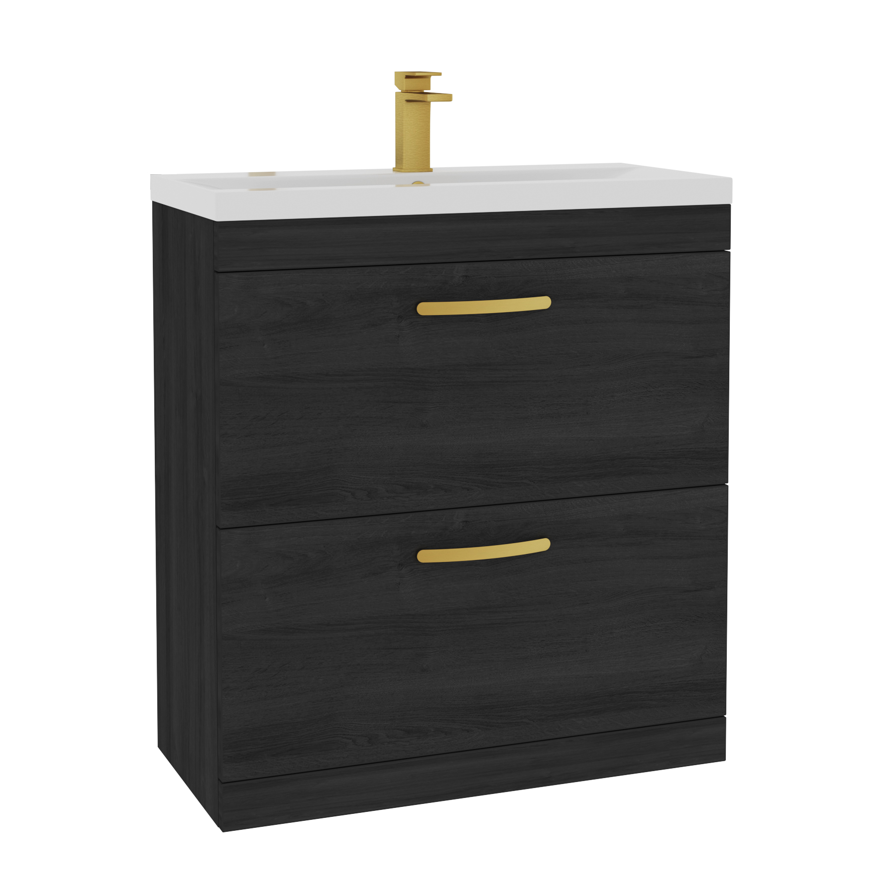 Turin 800mm Floor Standing Vanity Unit Hale Black 2 Drawer Mid-Edge Basin Unit with Brushed Brass Handle