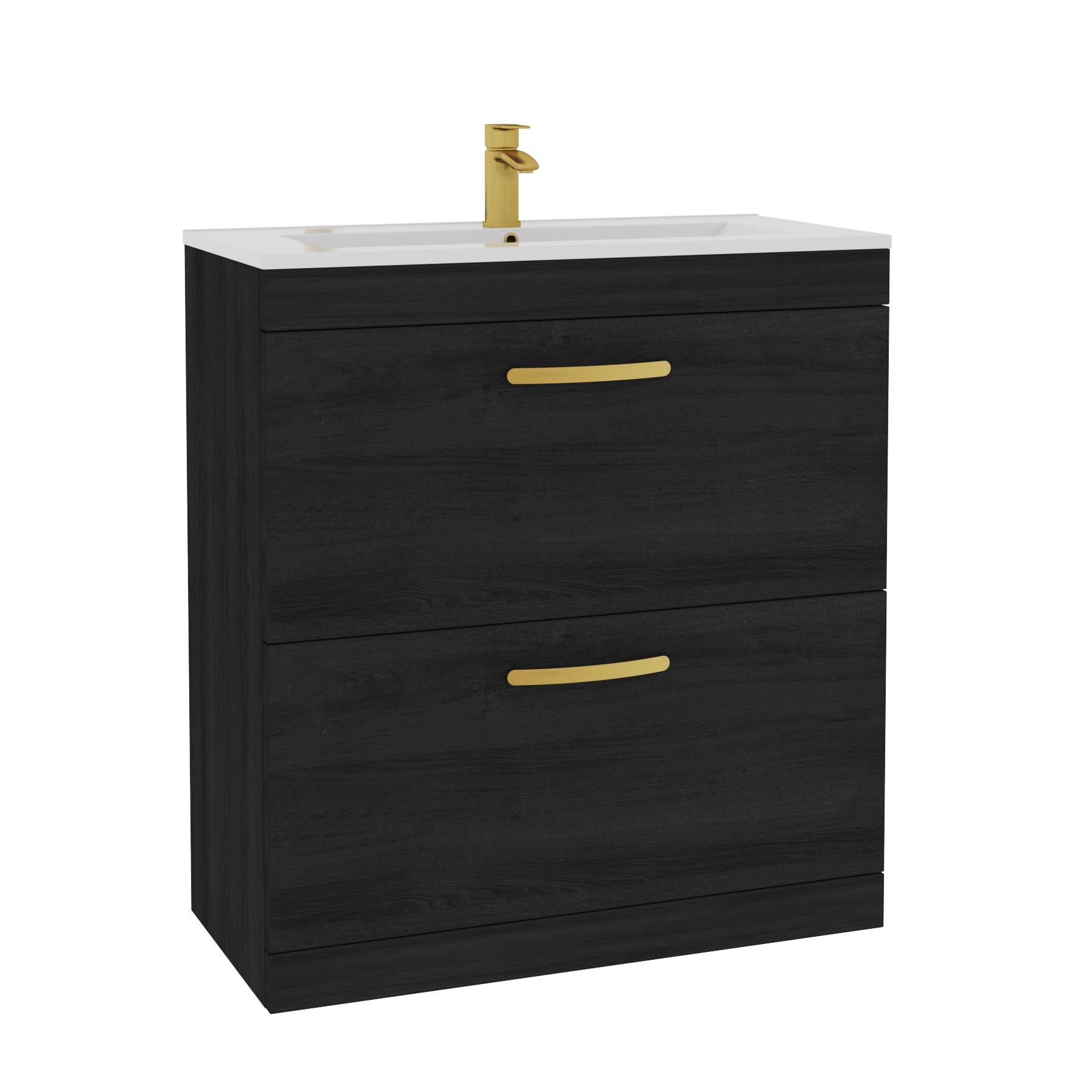 Turin 800mm Floor Standing Vanity Unit Hale Black 2 Drawer Minimalist Basin Unit with Brushed Brass Handle
