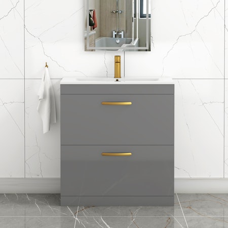 Turin 800mm Floor Standing Vanity Unit Indigo Grey Gloss 2 Drawer Minimalist Basin Unit with Brushed Brass Handle