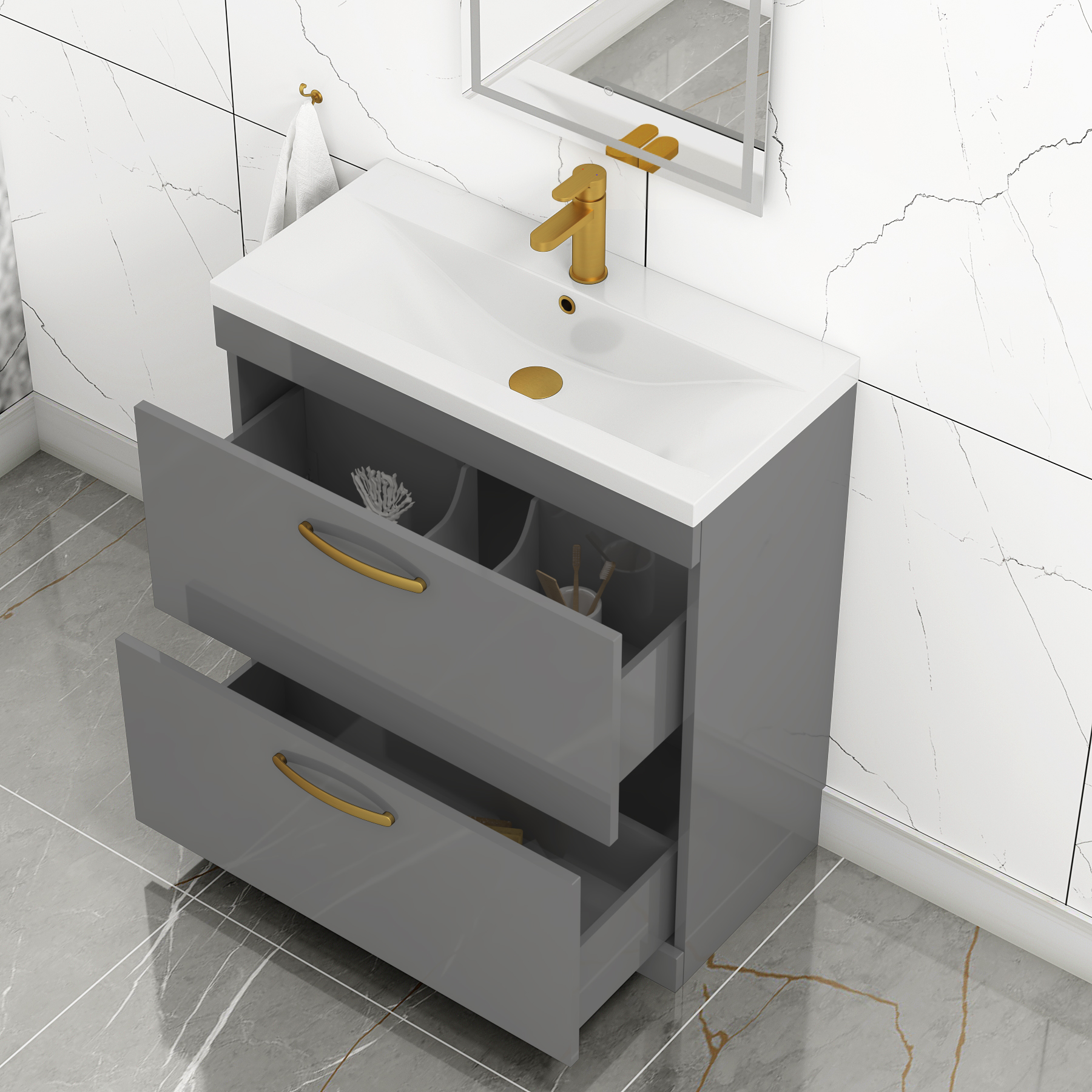Turin 800mm Floor Standing Vanity Unit Indigo Grey Gloss 2 Drawer Mid-Edge Basin Unit with Brushed Brass Handle