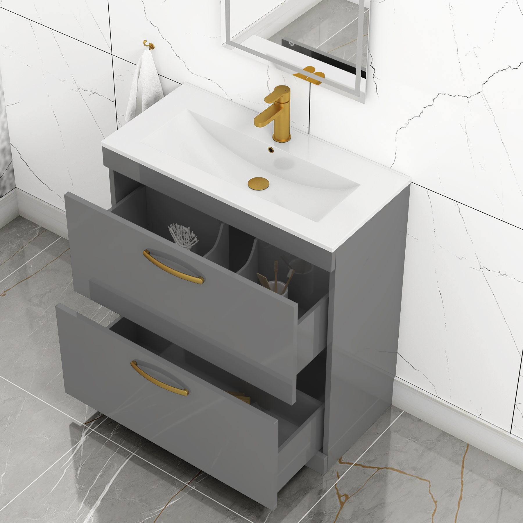 Turin 800mm Floor Standing Vanity Unit Indigo Grey Gloss 2 Drawer Minimalist Basin Unit with Brushed Brass Handle