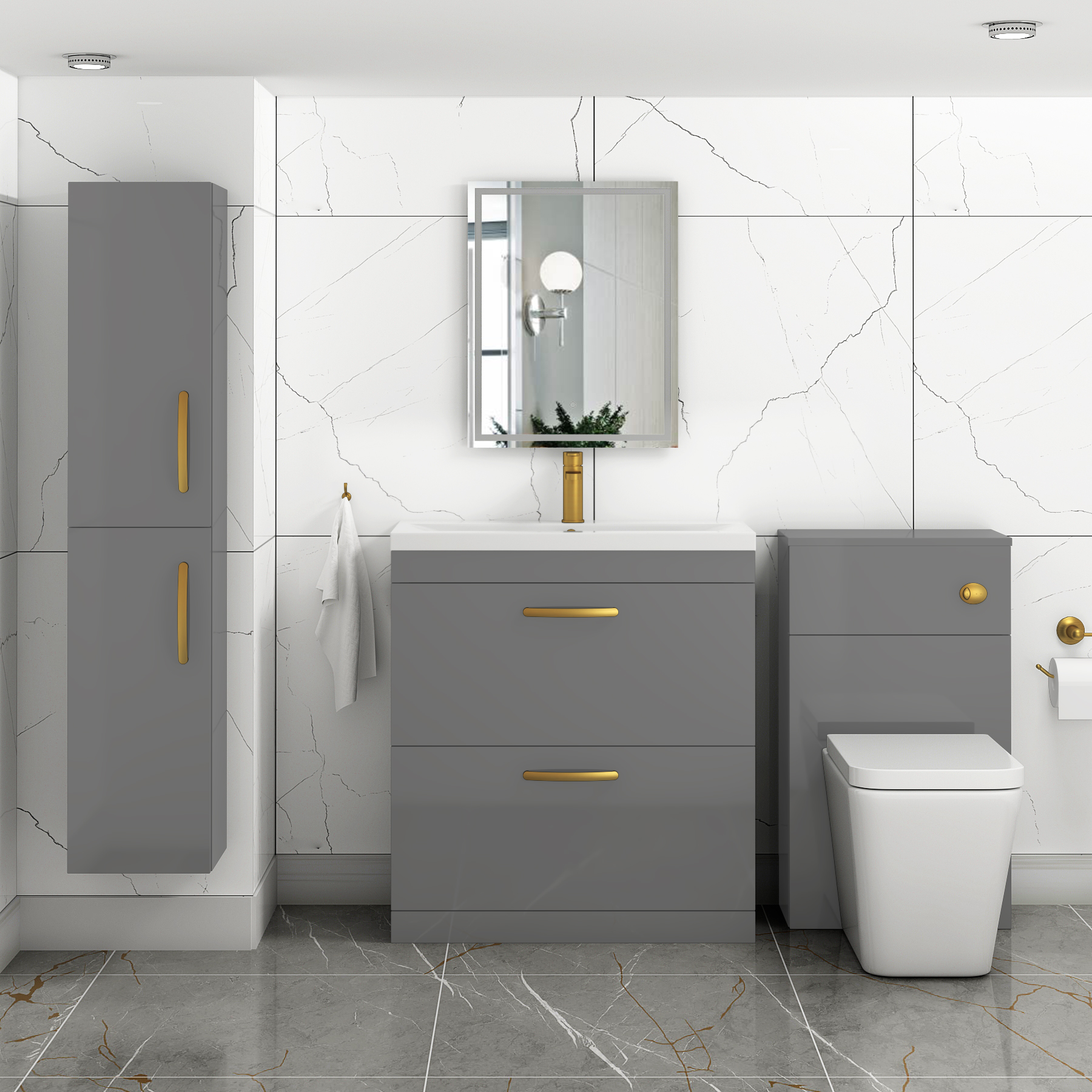 Turin 800mm Floor Standing Vanity Unit Indigo Grey Gloss 2 Drawer Mid-Edge Basin Unit with Brushed Brass Handle