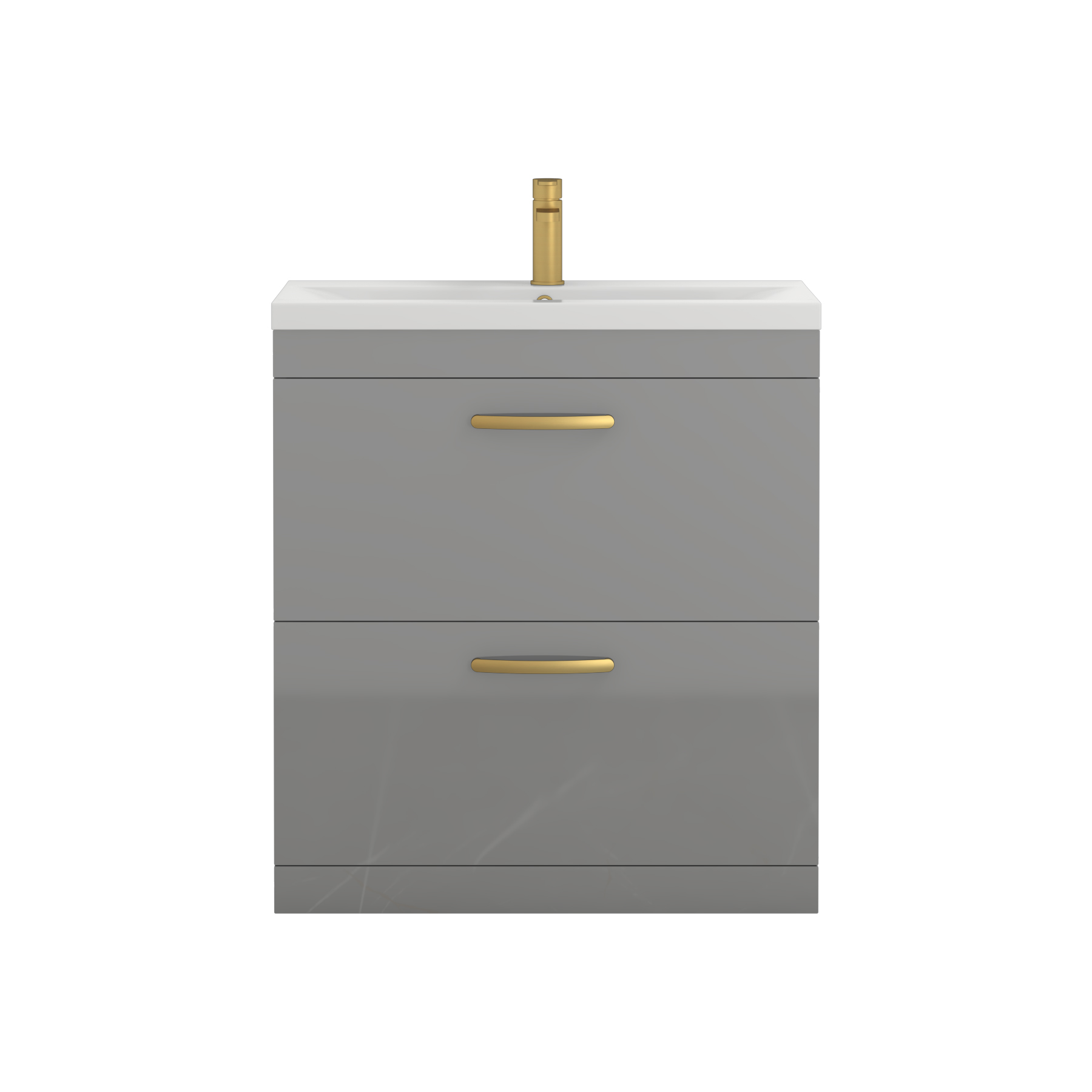 Turin 800mm Floor Standing Vanity Unit Indigo Grey Gloss 2 Drawer Mid-Edge Basin Unit with Brushed Brass Handle