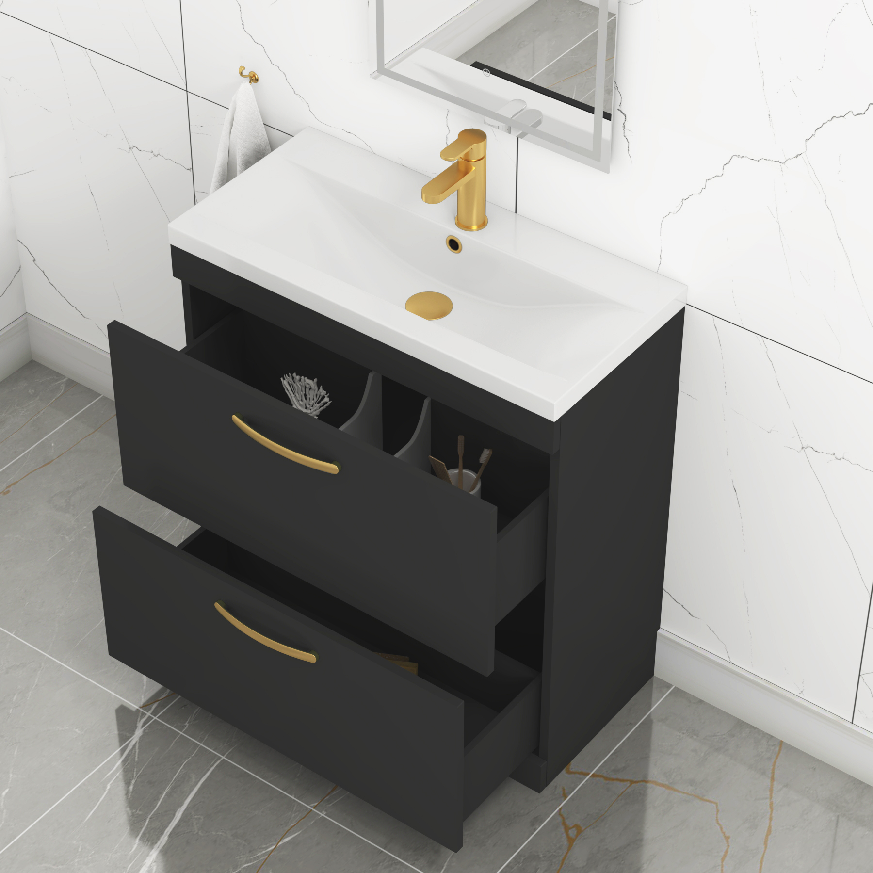 Turin 800mm Floor Standing Vanity Unit Matt Black 2 Drawer Mid-Edge Basin with Brushed Brass Handles