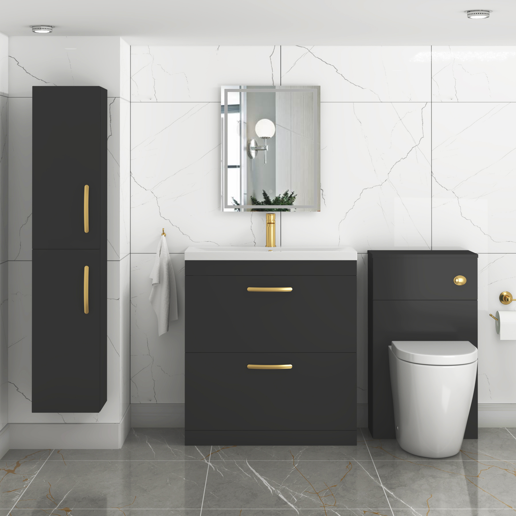 Turin Matt Black 2 Drawer Floor Standing Vanity Unit with Mid-Edge Basin - Multiple Sizes