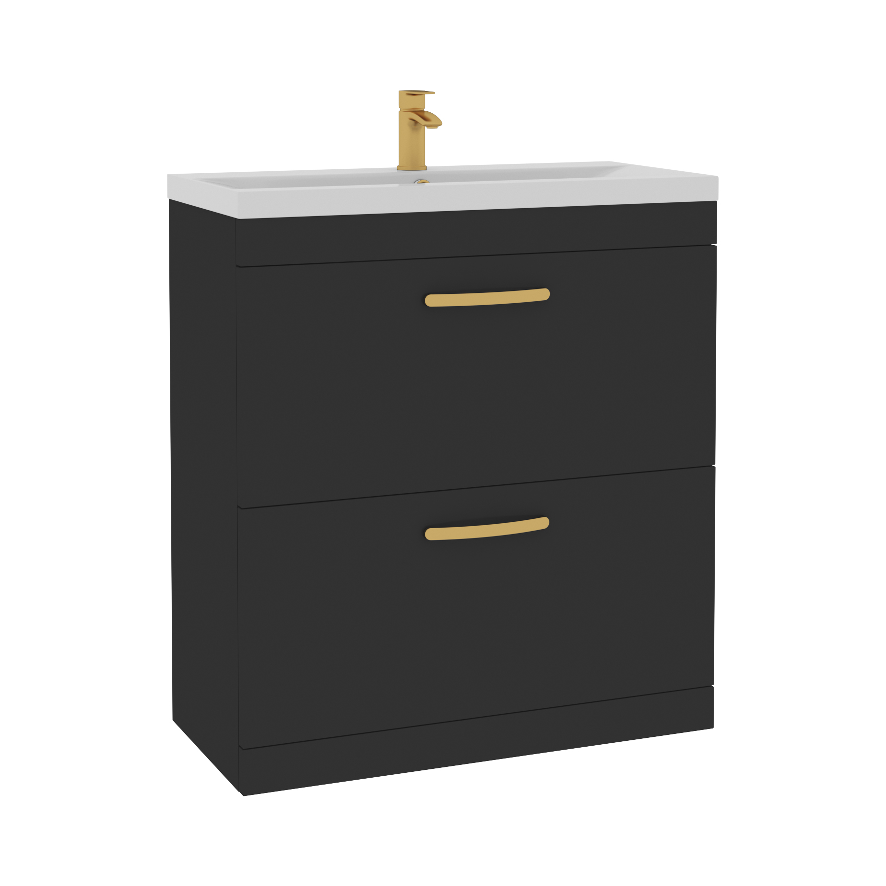 Turin 800mm Floor Standing Vanity Unit Matt Black 2 Drawer Mid-Edge Basin with Brushed Brass Handles