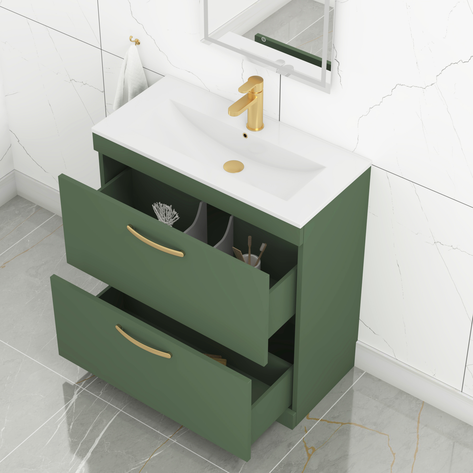 Turin 800mm Floor Standing Vanity Unit Matt Green 2 Drawer Minimalist Basin with Brushed Brass Handles