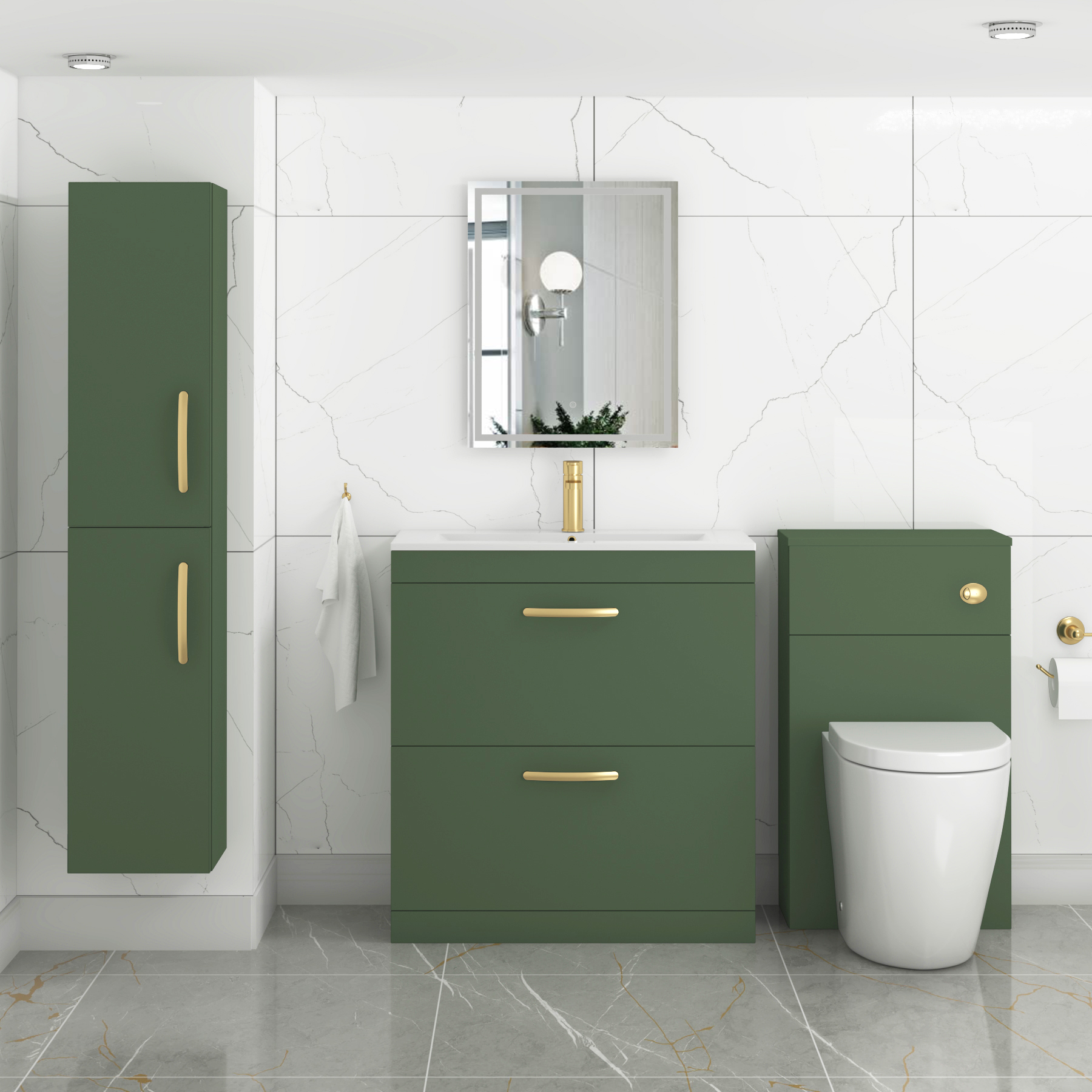 Turin 800mm Floor Standing Vanity Unit Matt Green 2 Drawer Minimalist Basin with Brushed Brass Handles