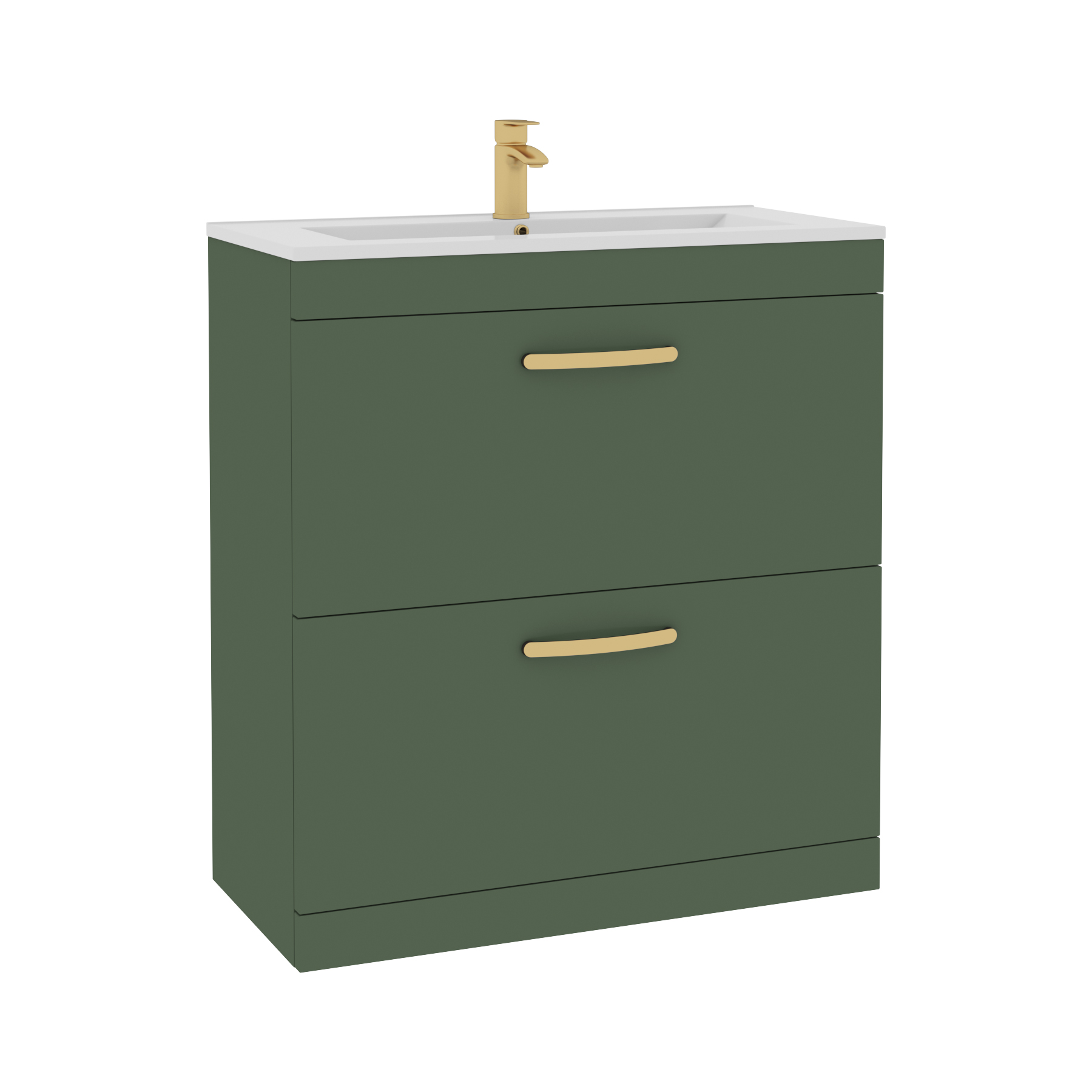 Turin 800mm Floor Standing Vanity Unit Matt Green 2 Drawer Minimalist Basin with Brushed Brass Handles