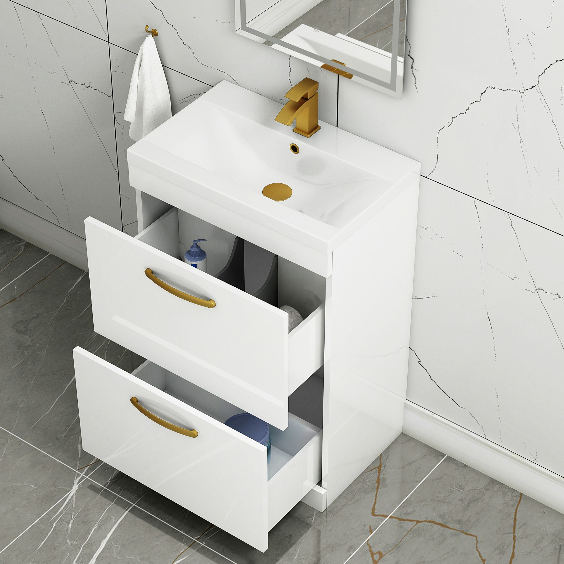 Turin 600mm Floor Standing Vanity Unit Gloss White 2 Drawer Mid-Edge Basin Unit with Brushed Brass Handle