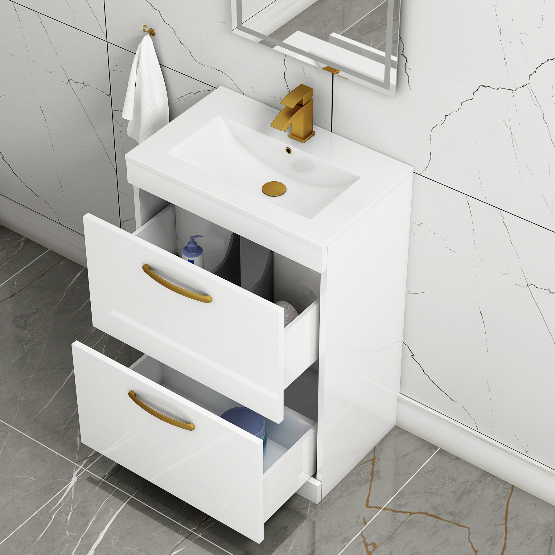 Turin 600mm Floor Standing Vanity Unit Gloss White 2 Drawer Minimalist Basin Unit with Brushed Brass Handle