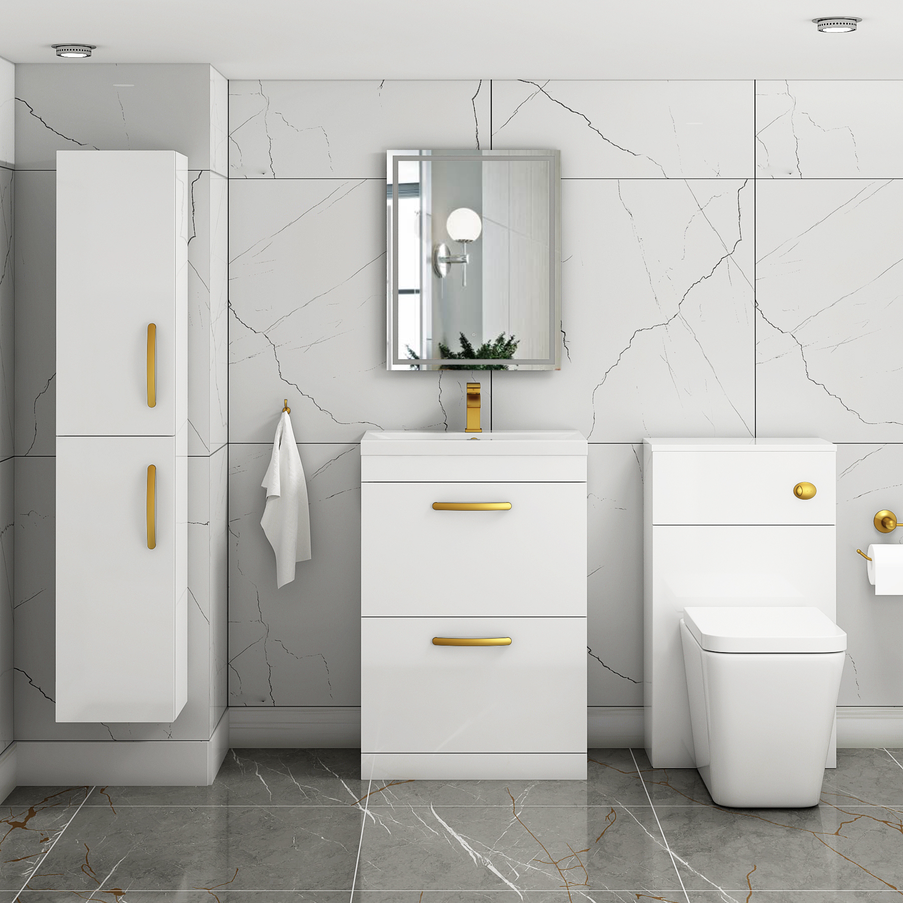 Turin 600mm Floor Standing Vanity Unit Gloss White 2 Drawer Mid-Edge Basin Unit with Brushed Brass Handle