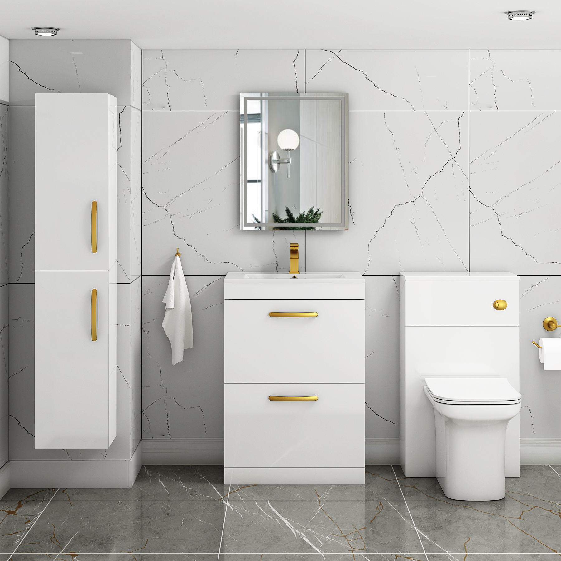 Turin 600mm Floor Standing Vanity Unit Gloss White 2 Drawer Minimalist Basin Unit with Brushed Brass Handle