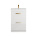 Turin 600mm Floor Standing Vanity Unit Gloss White 2 Drawer Mid-Edge Basin Unit with Brushed Brass Handle