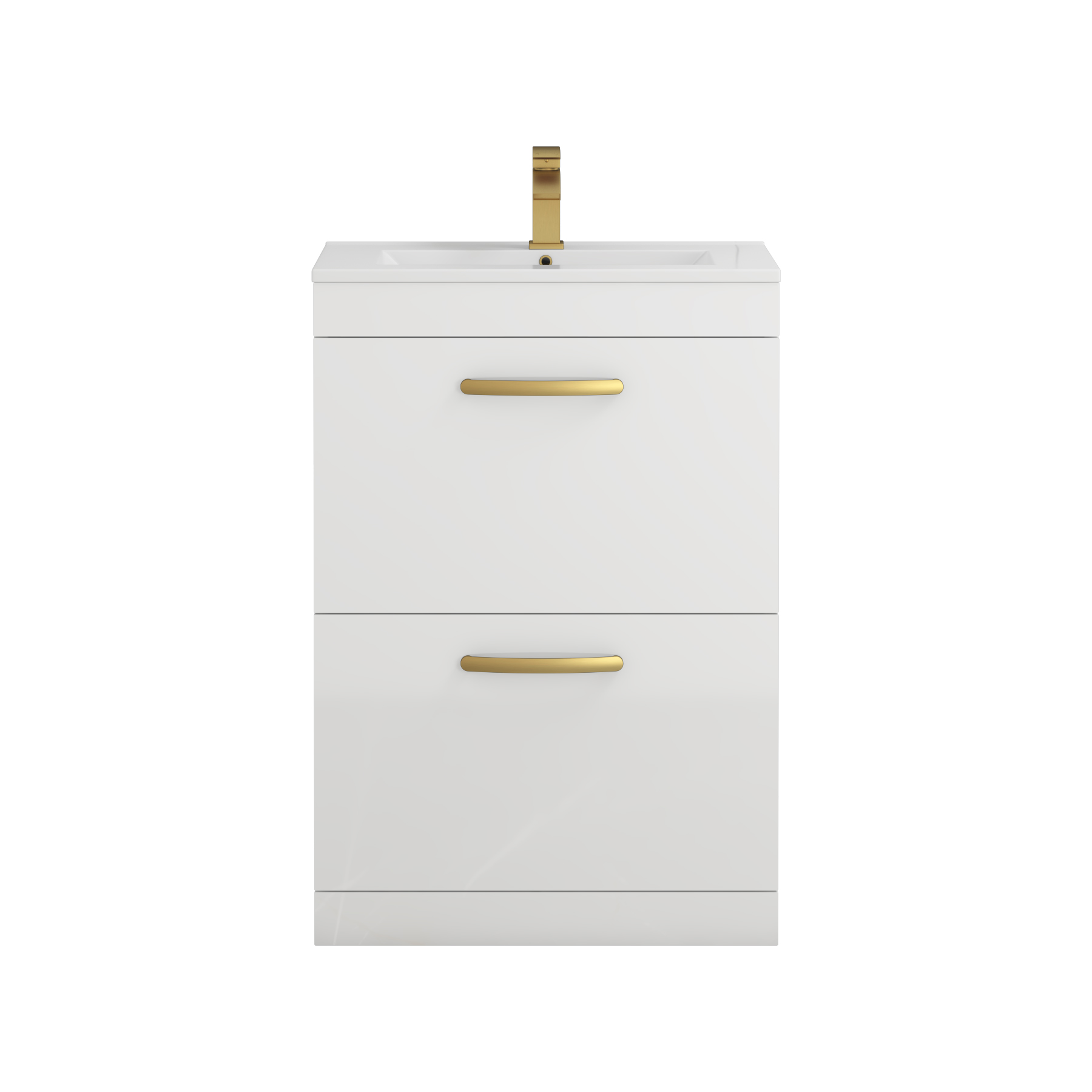 Turin 600mm Floor Standing Vanity Unit Gloss White 2 Drawer Minimalist Basin Unit with Brushed Brass Handle